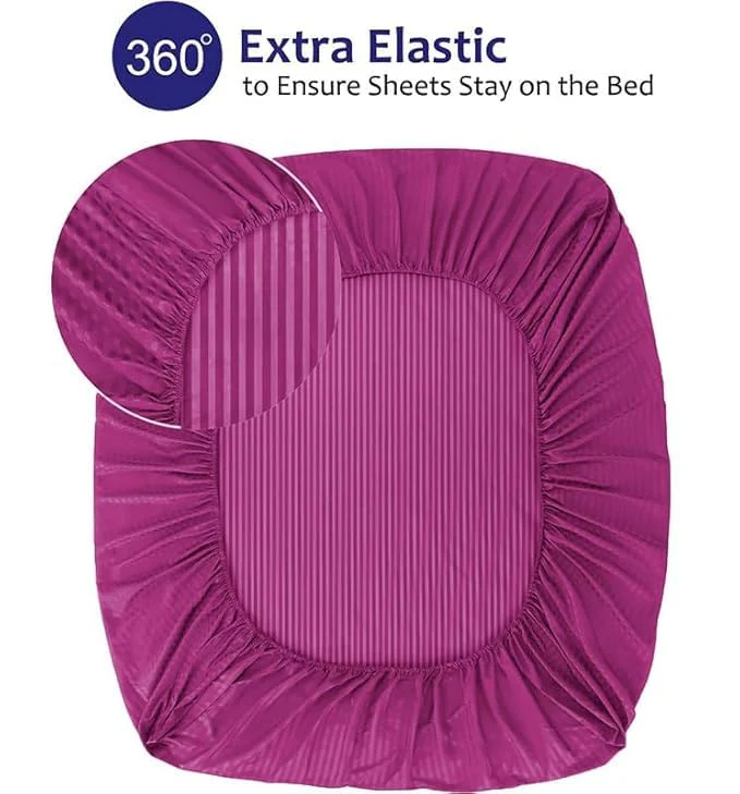 Homecrown Cotton Feel Striped Elastic Fitted Double Bedsheet with 2 Pillow Covers – 72x78 Inch – Dark Pink - Image 3