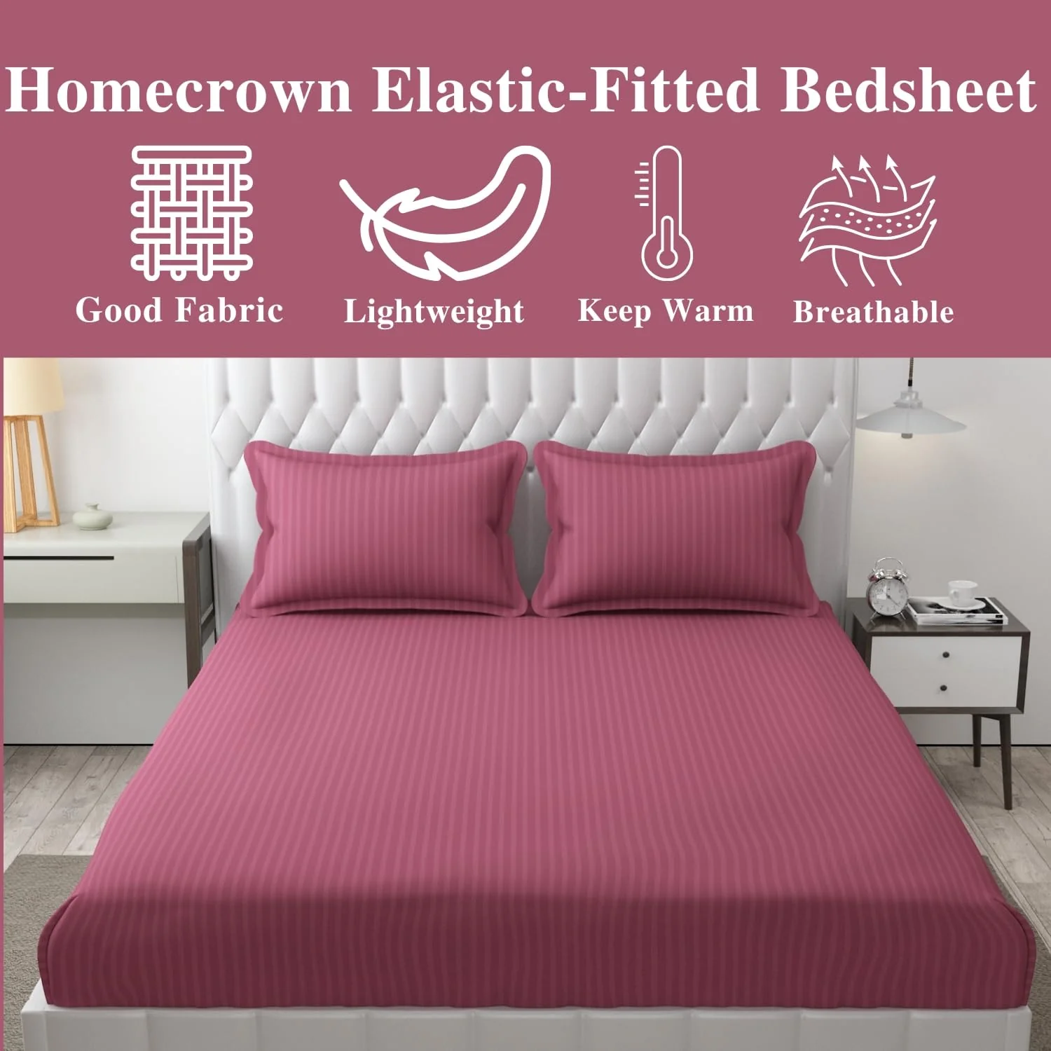 Homecrown Cotton Feel Striped Elastic Fitted Double Bedsheet with 2 Pillow Covers – 72x78 Inch – Dark Pink - Image 4