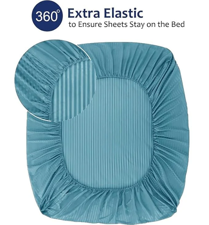 Homecrown Cotton Feel Striped Elastic Fitted Double Bedsheet with 2 Pillow Covers – 72x78 Inch – Light Blue - Image 4