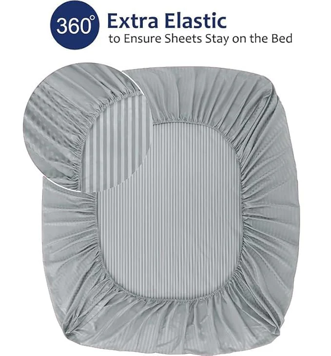 Homecrown Cotton Feel Striped Elastic Fitted Double Bedsheet with 2 Pillow Covers – 72x78 Inch – Light Grey - Image 3