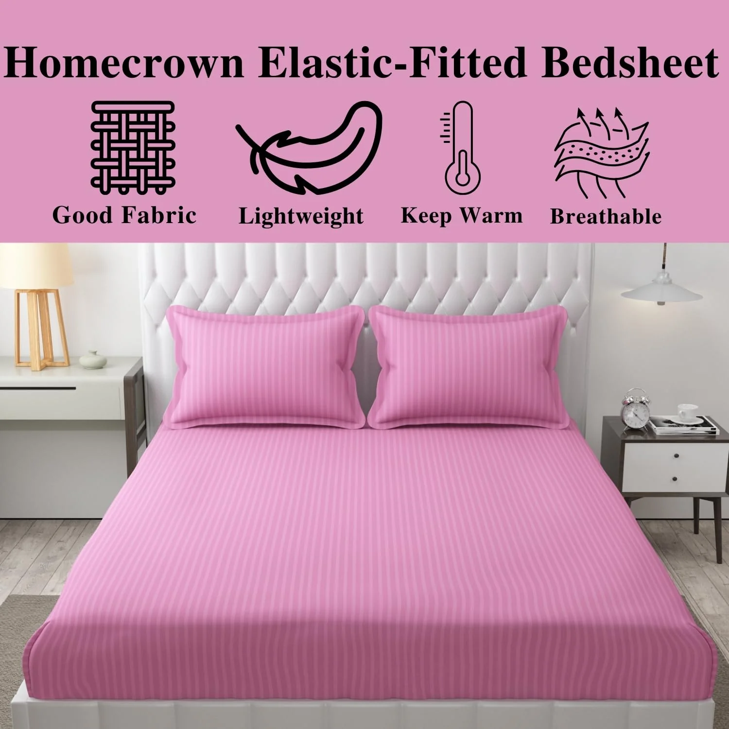 Homecrown Cotton Feel Striped Elastic Fitted Double Bedsheet with 2 Pillow Covers – 72x78 Inch – Light Pink - Image 4