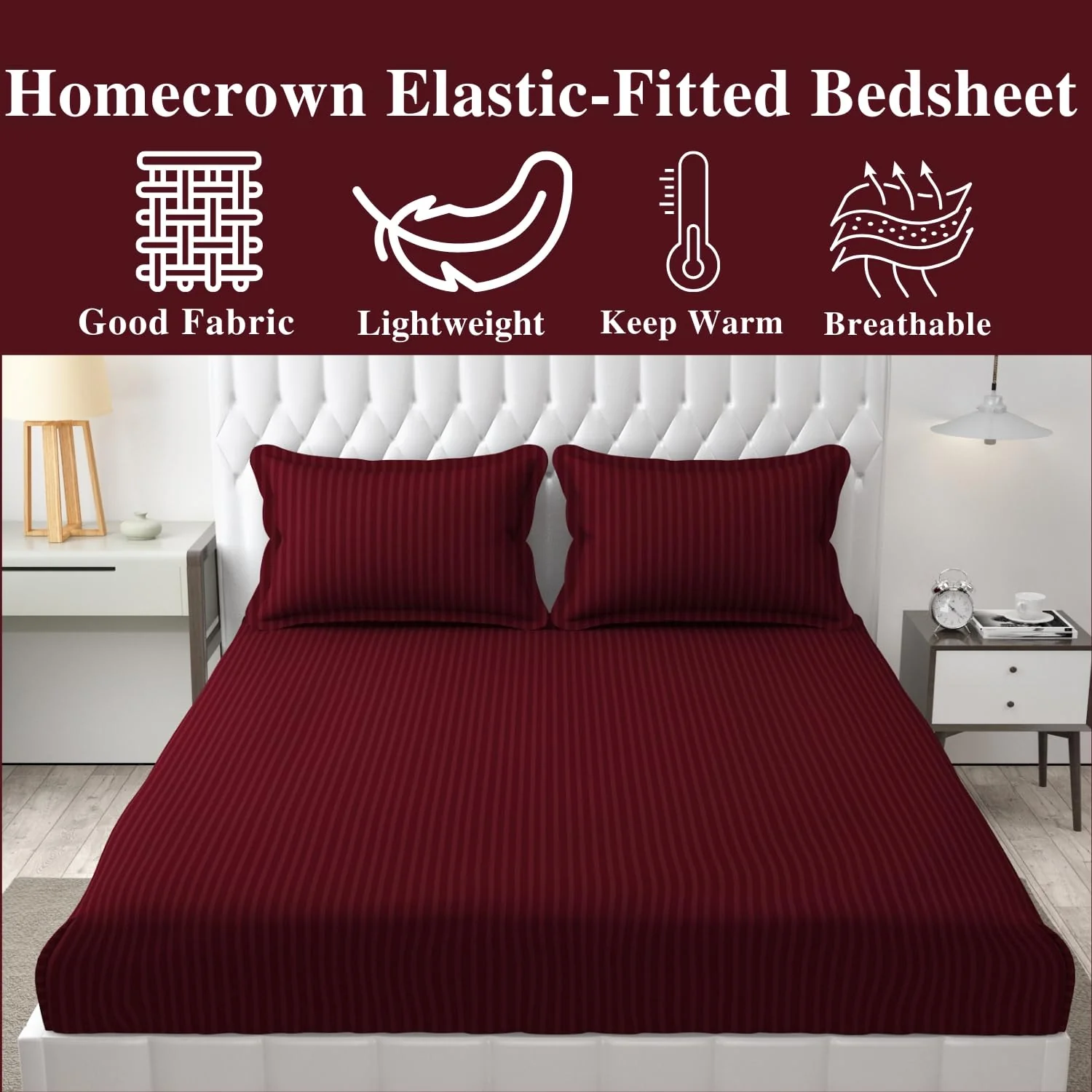 Homecrown Cotton Feel Striped Elastic Fitted Double Bedsheet with 2 Pillow Covers – 72x78 Inch – Maroon - Image 2