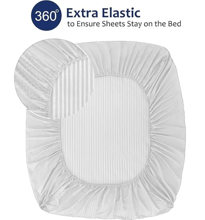 Homecrown Cotton Feel Striped Elastic Fitted Double Bedsheet with 2 Pillow Covers – 72x78 Inch – White - Image 3