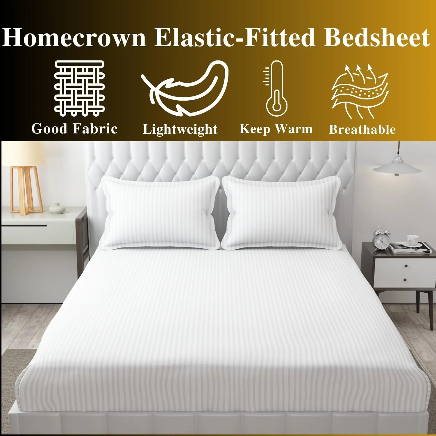 Homecrown Cotton Feel Striped Elastic Fitted Double Bedsheet with 2 Pillow Covers – 72x78 Inch – White - Image 4