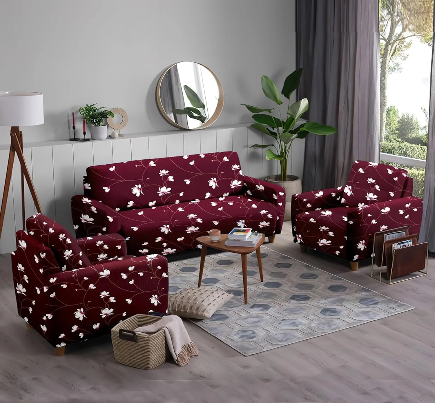 Homecrown Stretchable Fully Covered 5 Seater Sofa Cover Set (3+1+1) – Floral Design, Universal Fit & Non-Slip Protection - Image 2