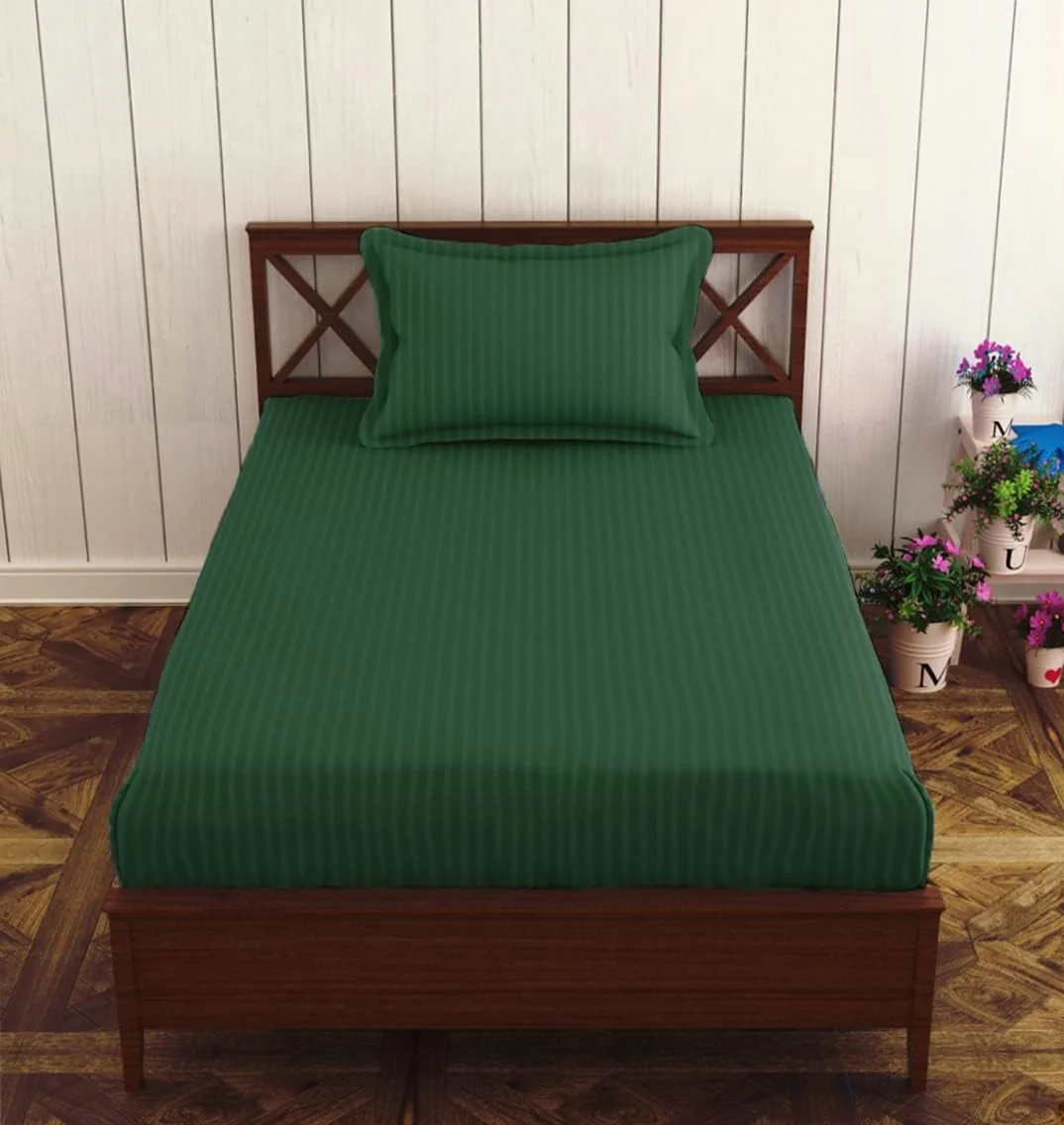 Homecrown Stripe Bedsheet for Single Bed with 1 Matching Pillow Cover – Dark Green