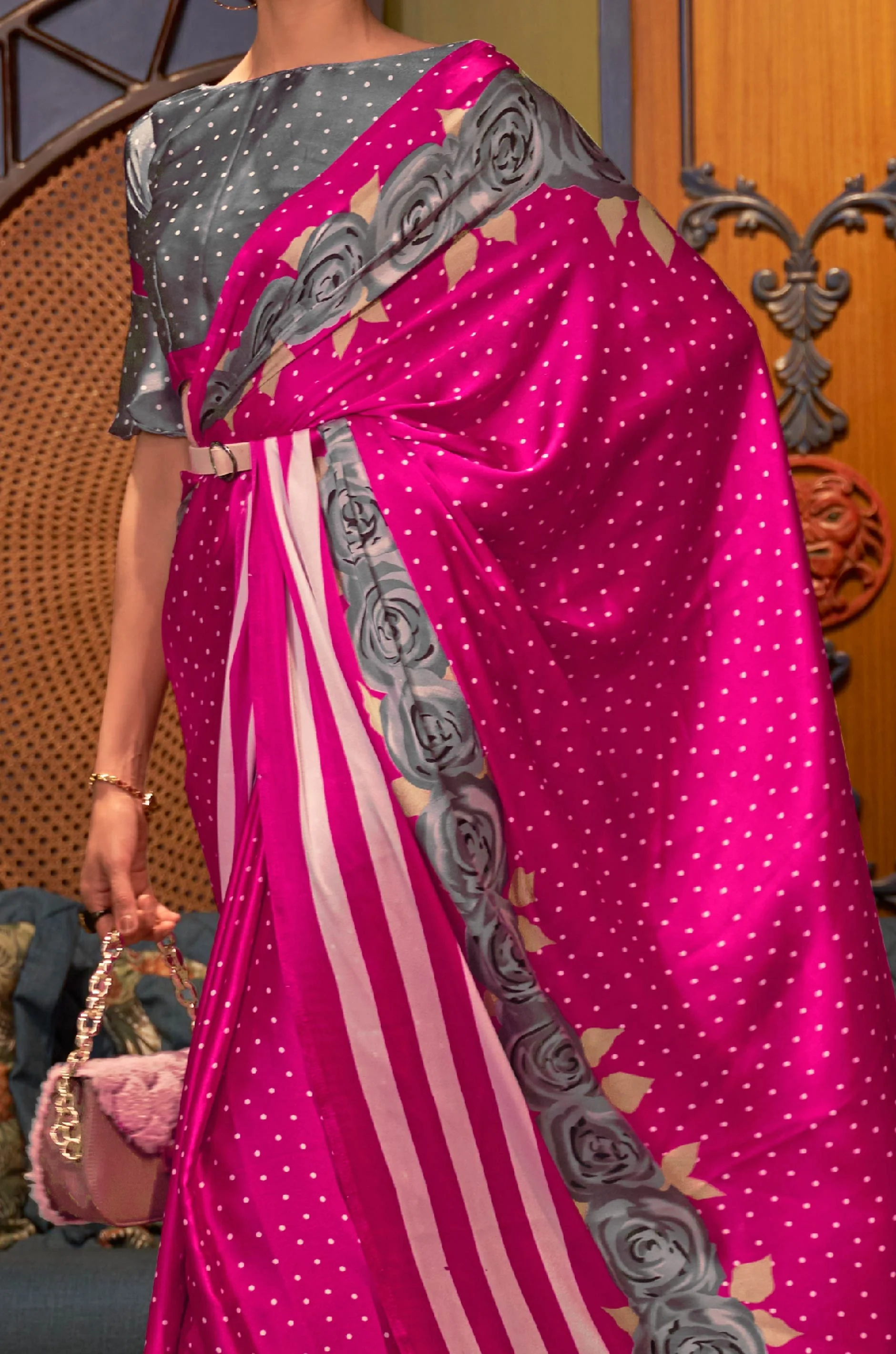 Hot Pink Satin Crepe Saree - Image 3