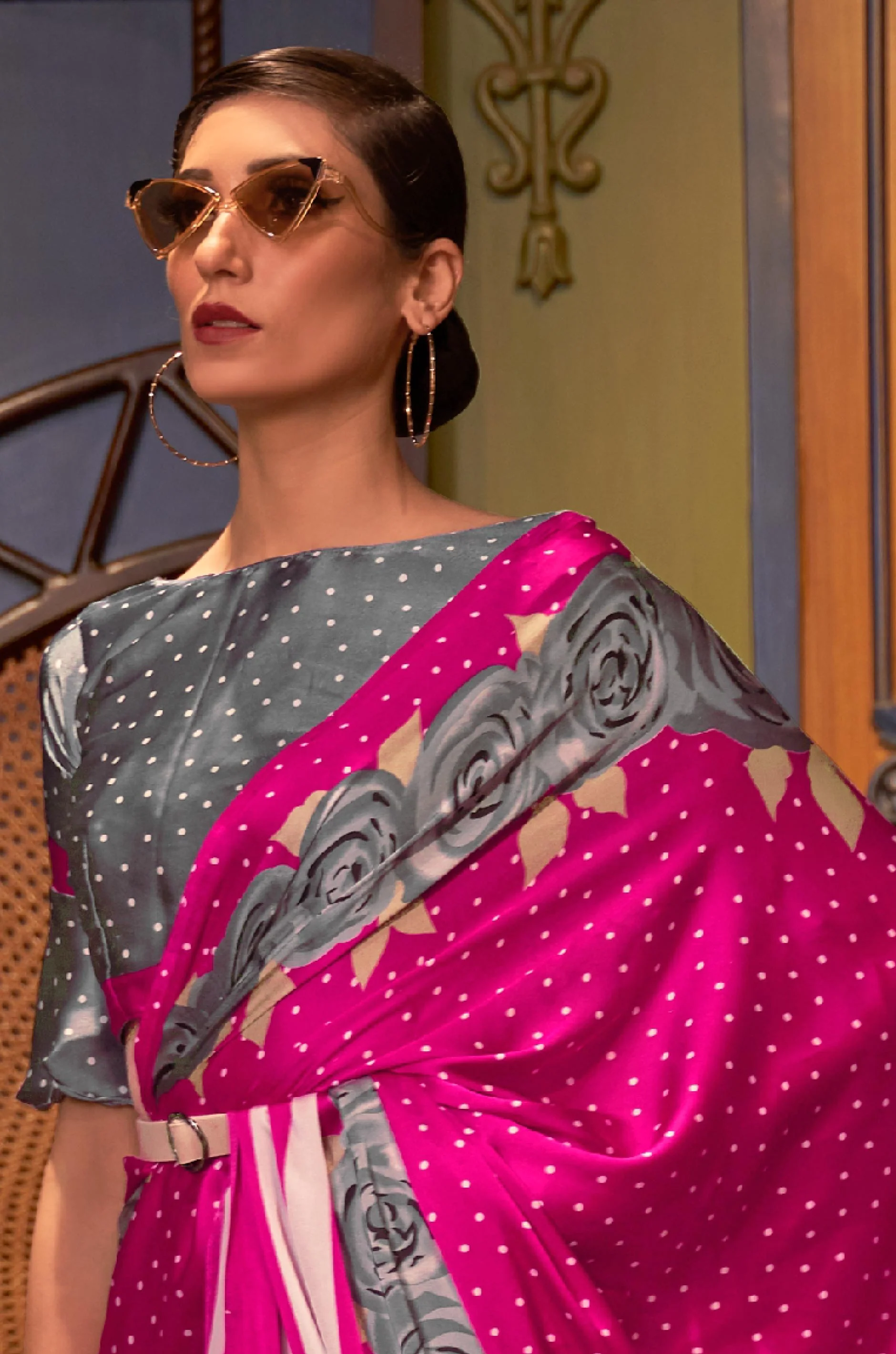 Hot Pink Satin Crepe Saree - Image 4