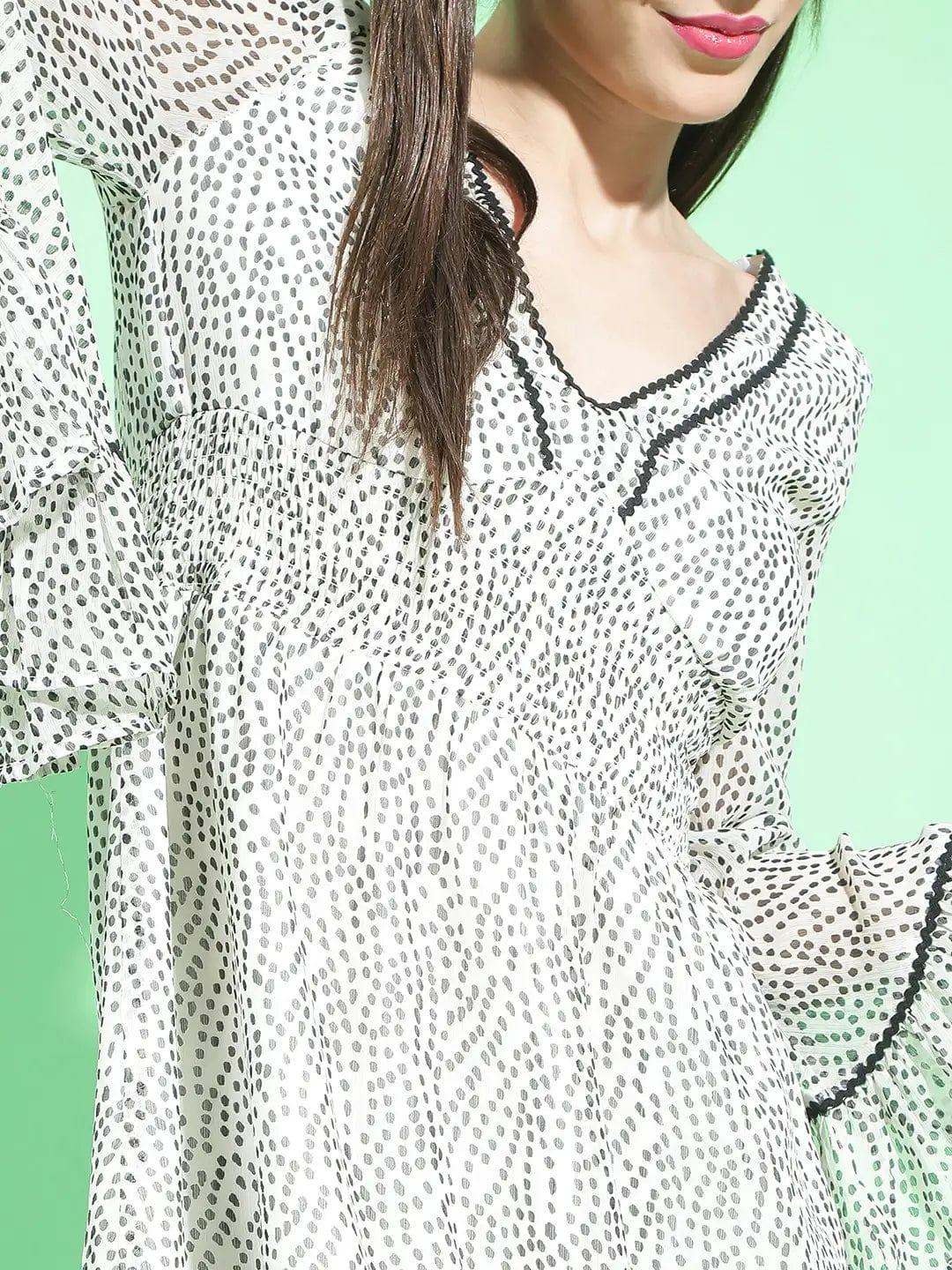 Hot White Dot Print Smocked Lace Detailed Women Dress - Image 4