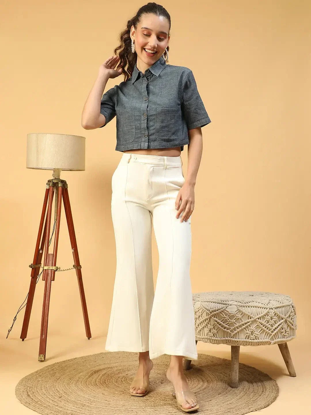 Huate Blue Collared Button Down Short Sleeve Women Cotton Denim Crop Shirt - Image 3