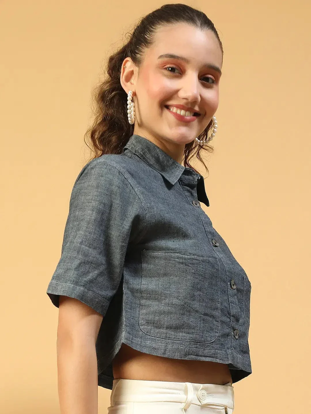 Huate Blue Collared Button Down Short Sleeve Women Cotton Denim Crop Shirt - Image 5