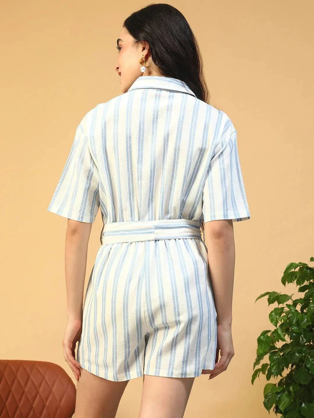 Hype blue Stripe Print Elasticated With Tie-Up Belt Button Down Women Cotton Playsuit - Image 5