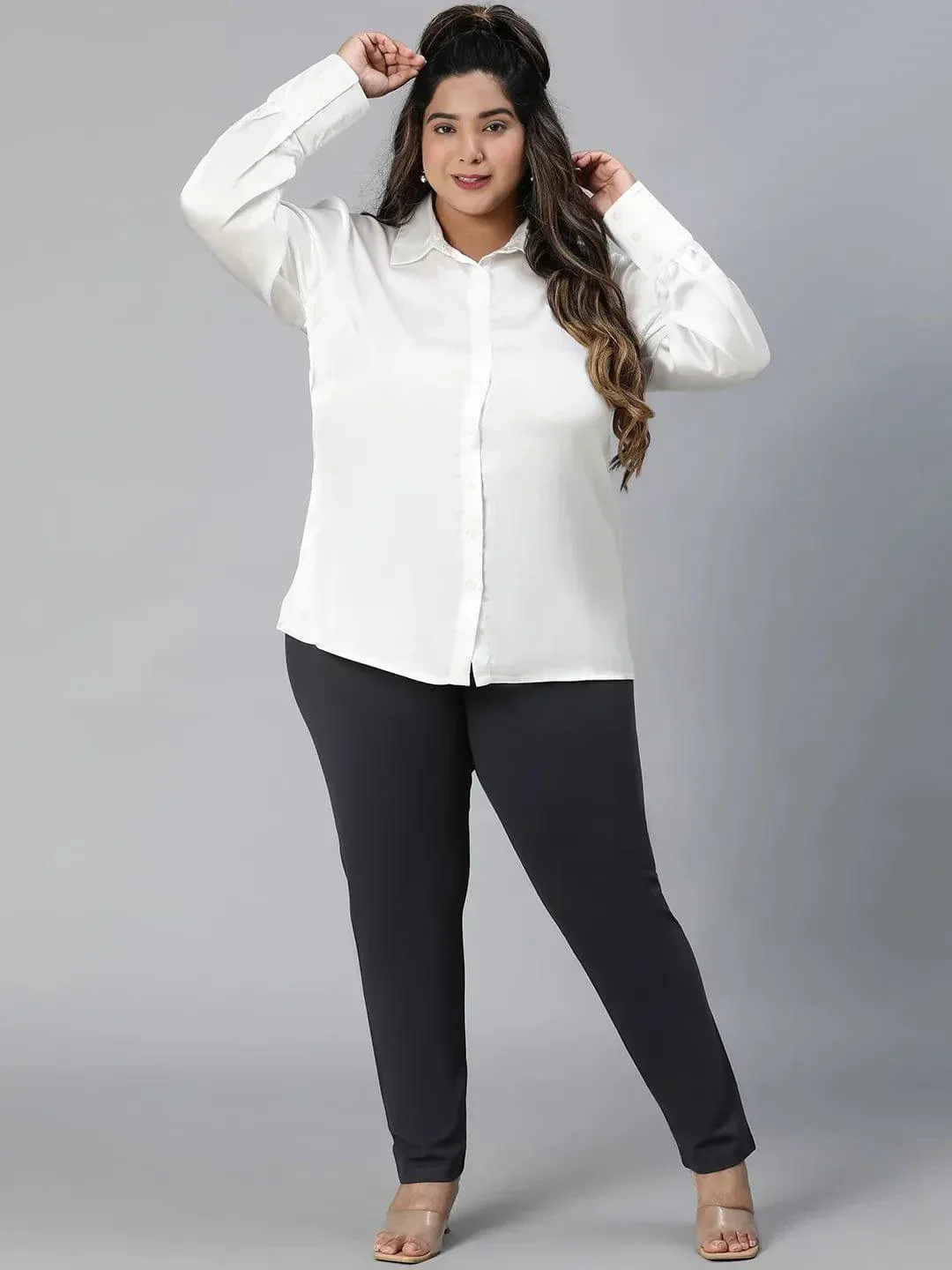 Icey White Collared Long Sleeve Plus Size Shirt - Image 2