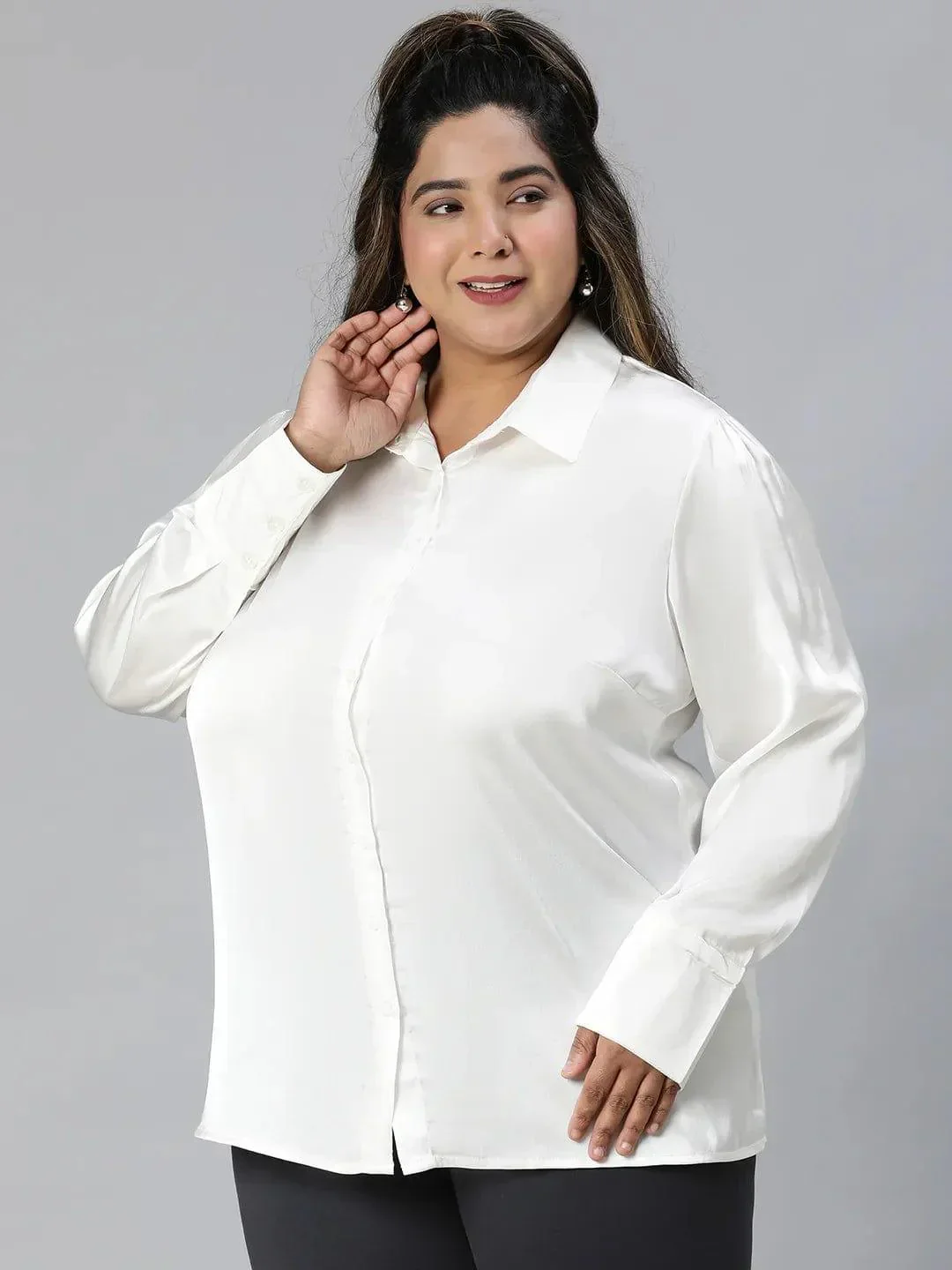 Icey White Collared Long Sleeve Plus Size Shirt - Image 3
