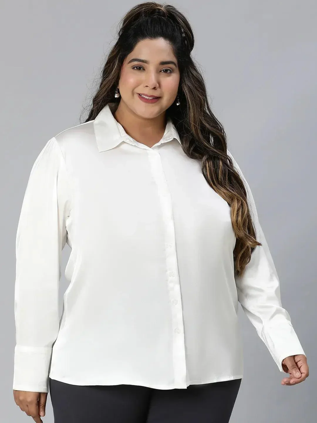 Icey White Collared Long Sleeve Plus Size Shirt - Image 4
