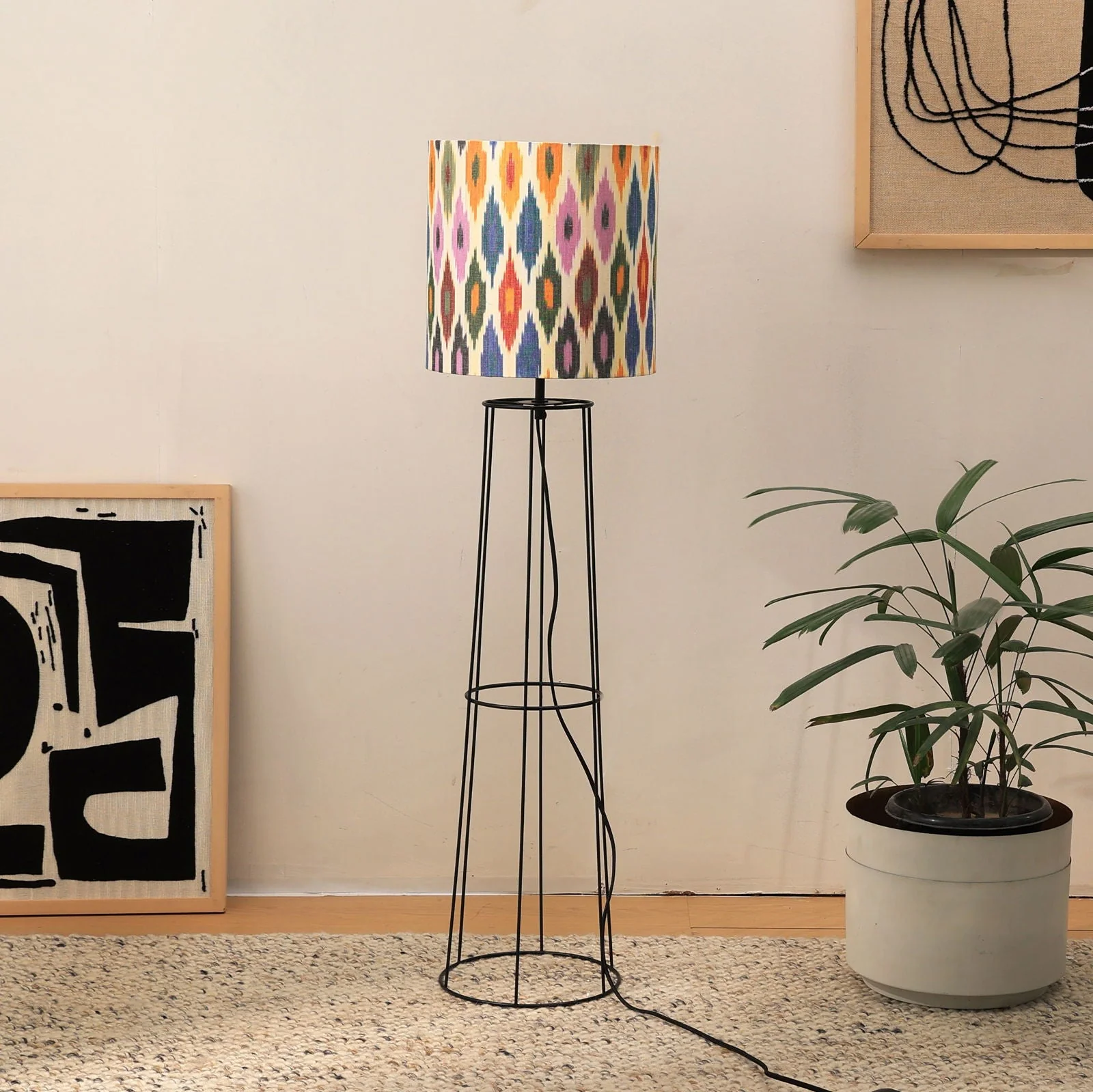 Ikkat 100 Floor Lamp -Ikkat Fabric, Floor Light, Indian Tripod Lamp And Scandinavia Fusion, Modern Lighting, Trending Standing Lamp