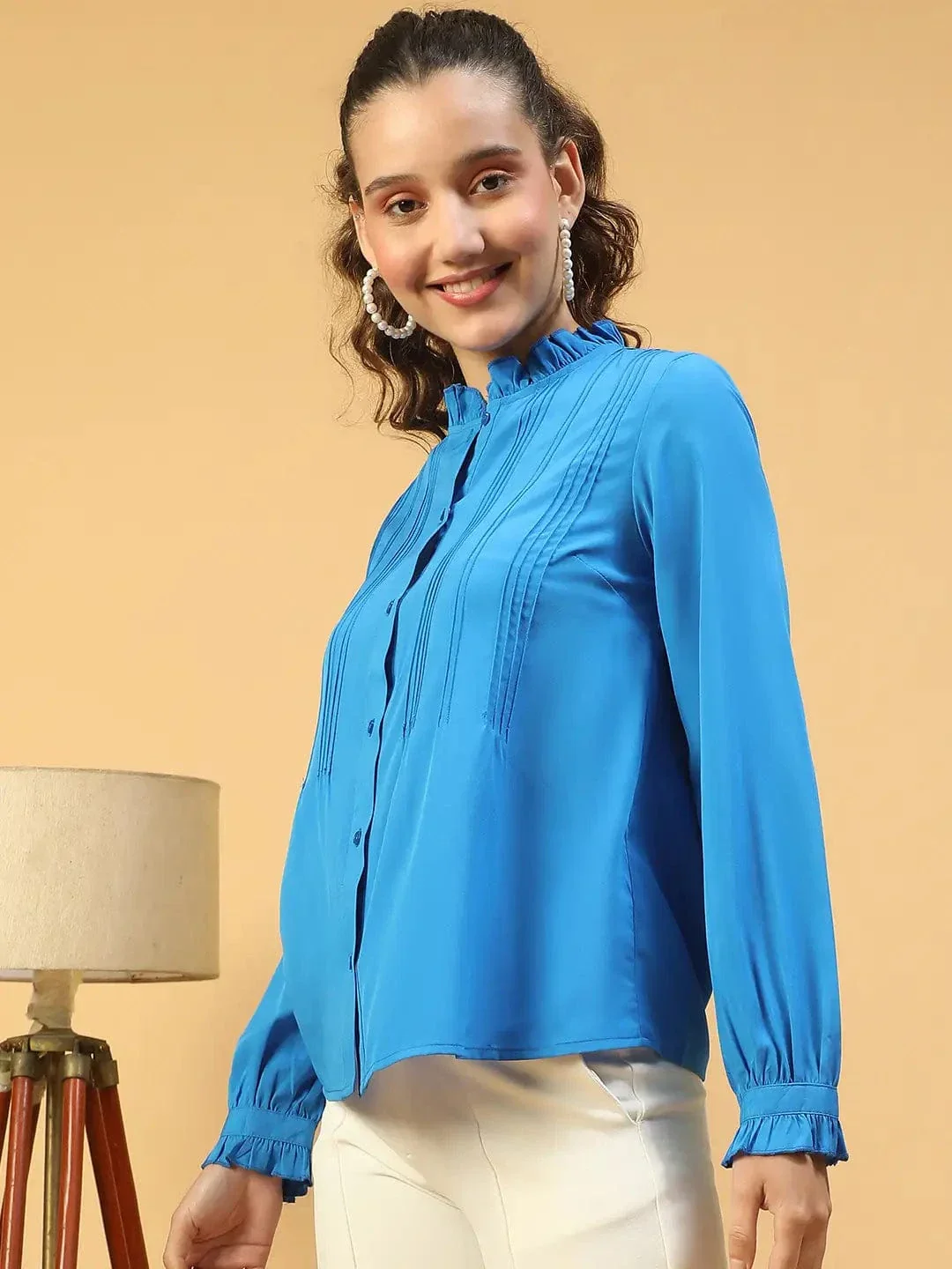 Imply Blue Frill Detailed Long Sleeve Button Down  Women Pleated Shirt - Image 3