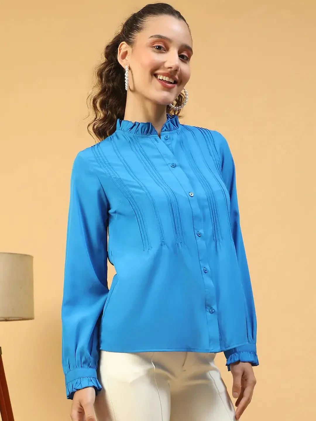 Imply Blue Frill Detailed Long Sleeve Button Down  Women Pleated Shirt - Image 4