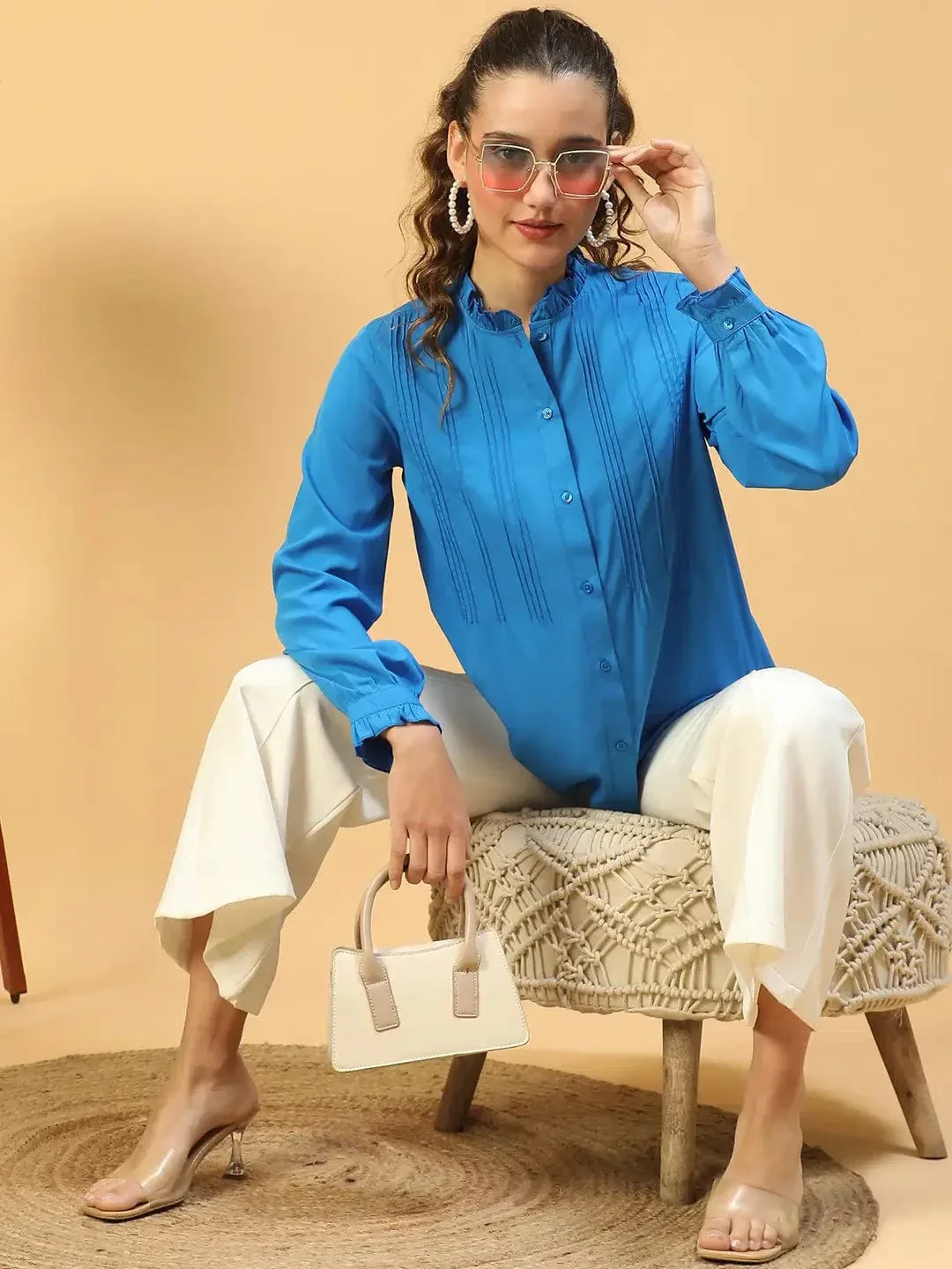Imply Blue Frill Detailed Long Sleeve Button Down  Women Pleated Shirt - Image 7