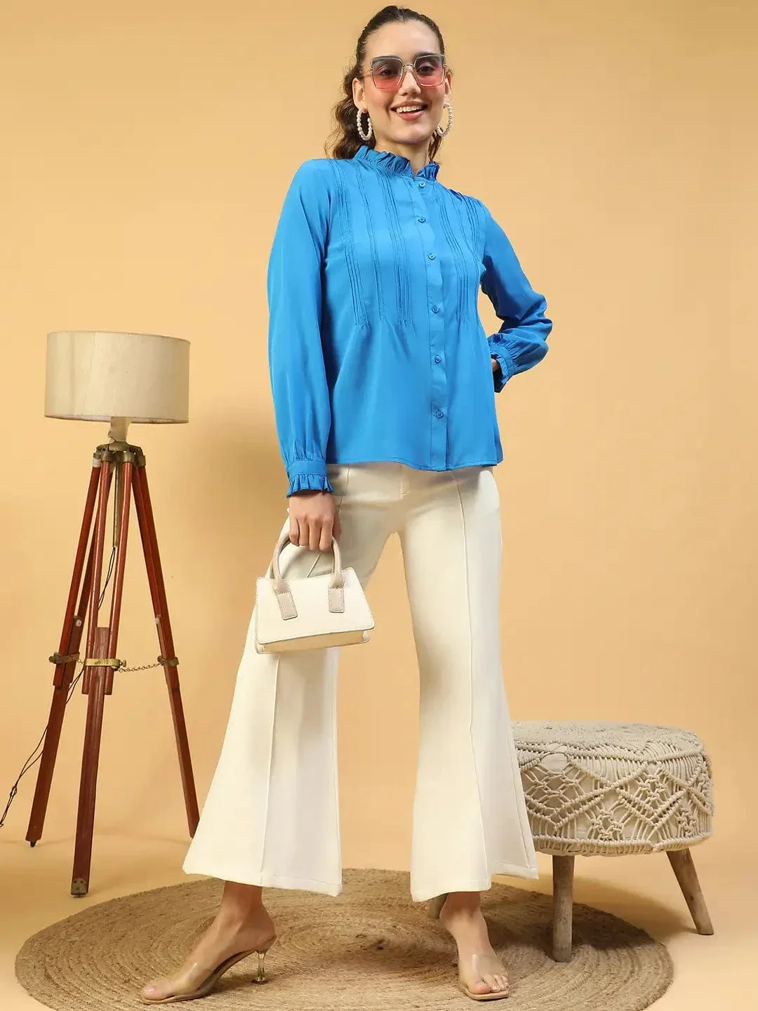 Imply Blue Frill Detailed Long Sleeve Button Down  Women Pleated Shirt - Image 8