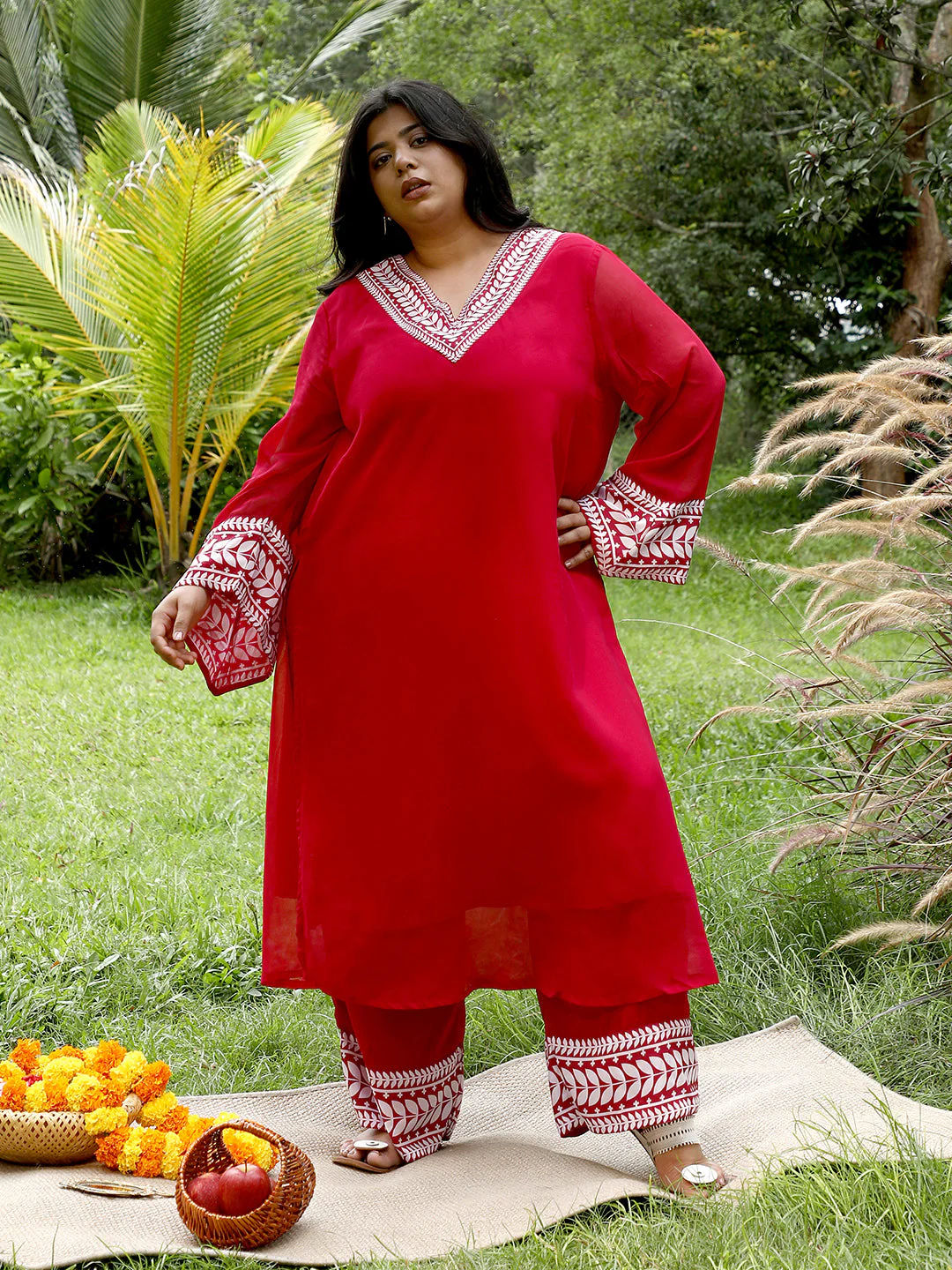 Indie Leaf-Lined Imprint Kurta Set - Image 6