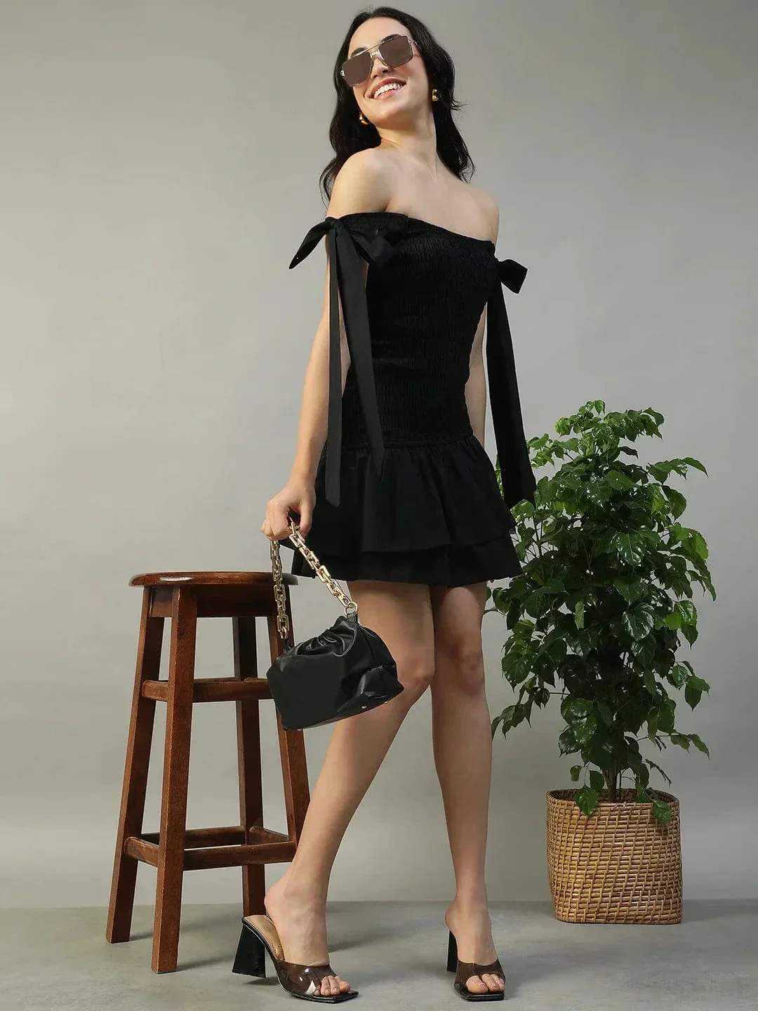 Inspired Solid Black Women Off Shoulder Cotton Poplin Skater Dress with Smocked Bodice Tie-Up Detail - Image 7