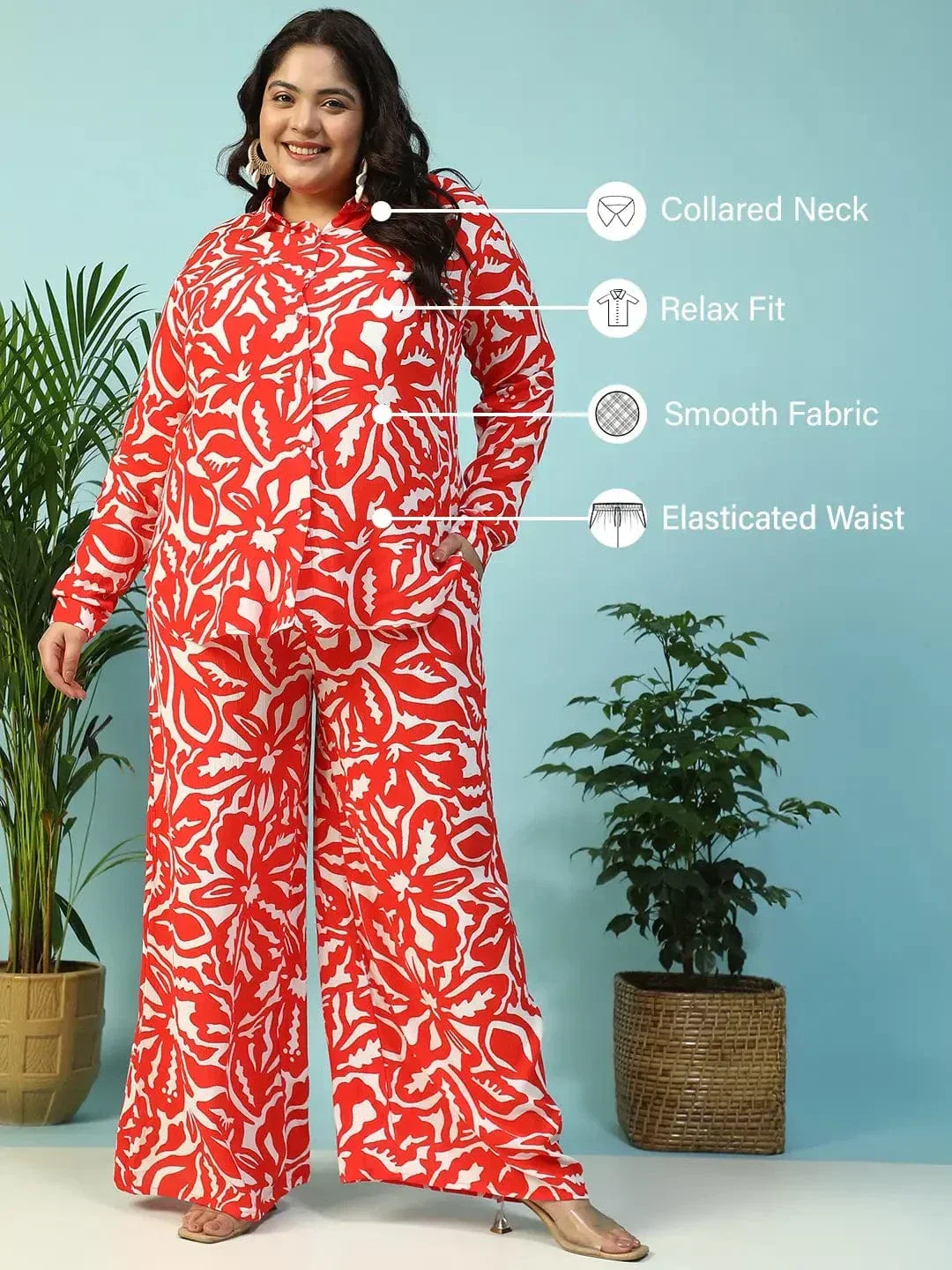 Instinct Red Floral Print Collared Shirt with Flared Pants Plus Size Women Co-ord Set - Image 2