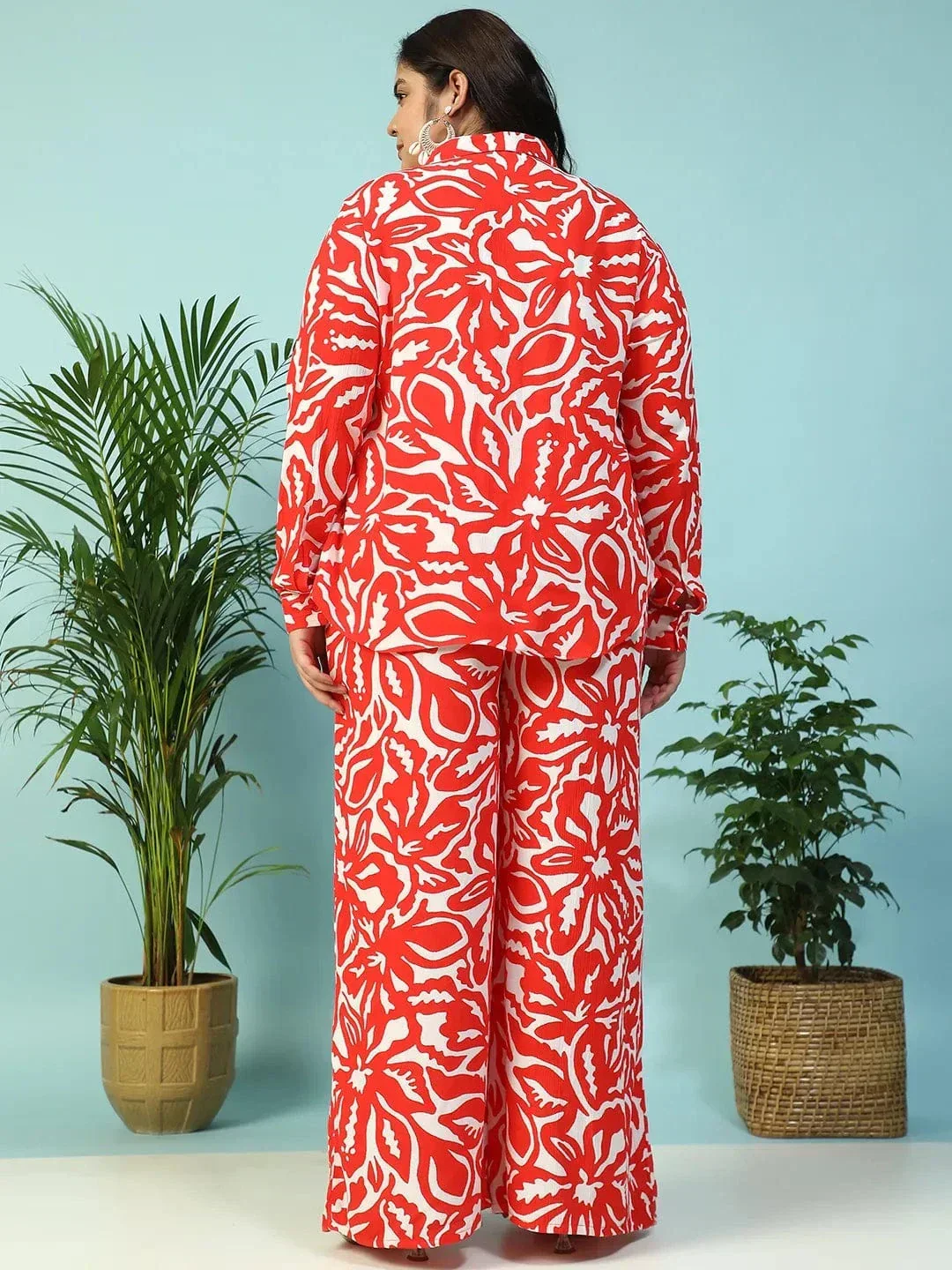 Instinct Red Floral Print Collared Shirt with Flared Pants Plus Size Women Co-ord Set - Image 5