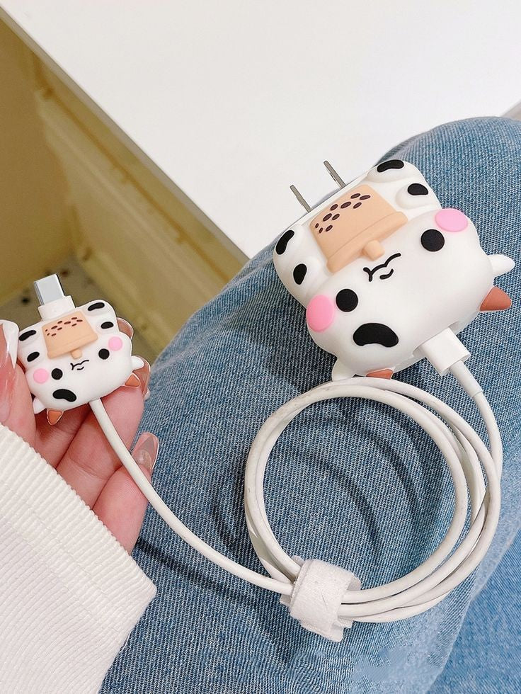 Iphone Charger Case Cover - Cute Cow - 4 Piece Set (With Wire Protector) - Image 4