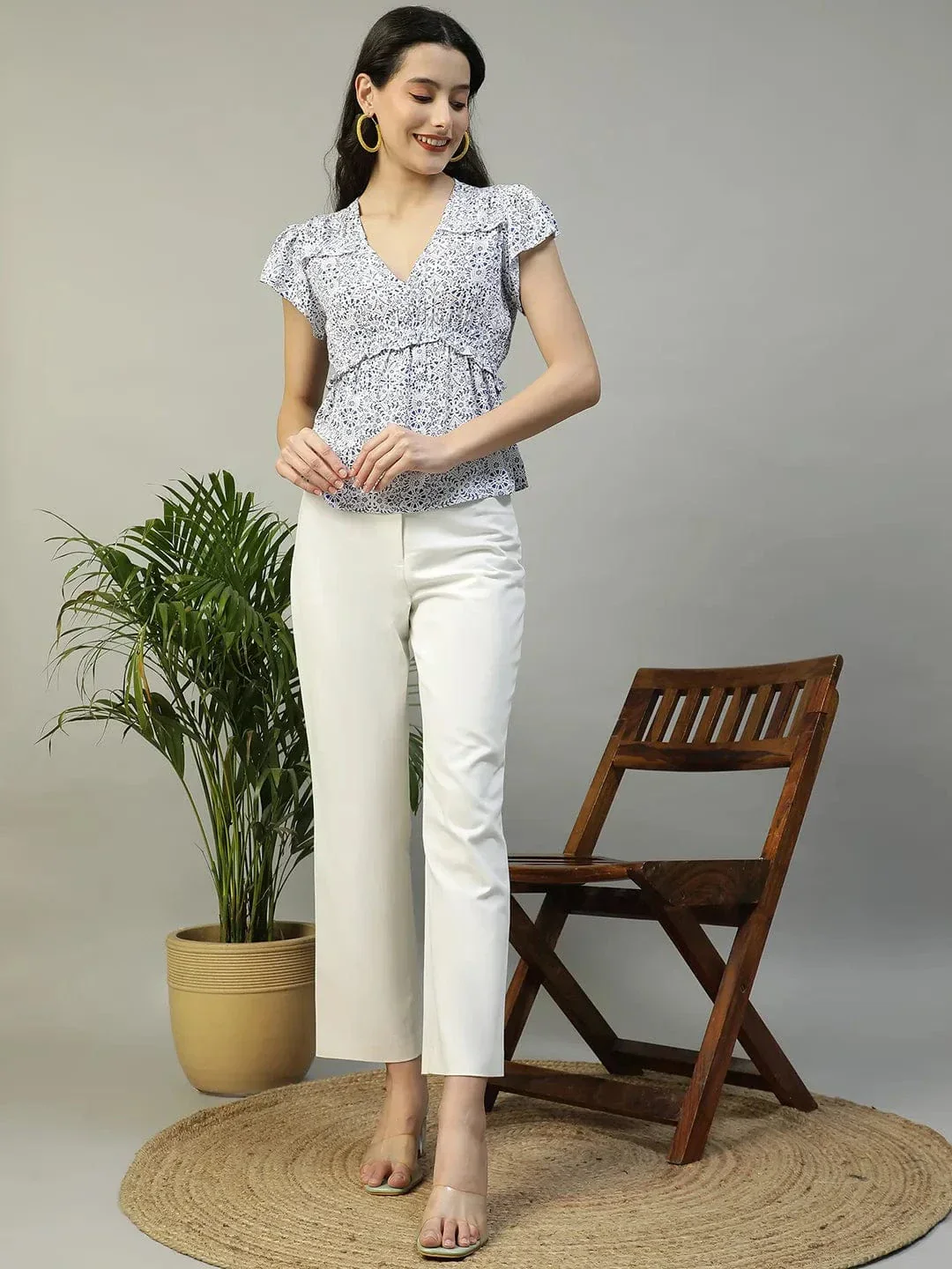 Ivory Floral Print Short sleeve Frill Detail Women Peplum Top - Image 2