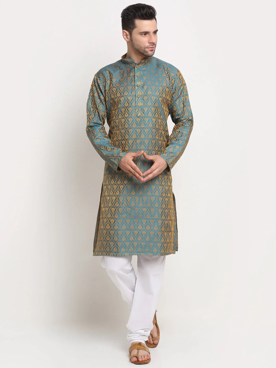 Jacquard Woven Design Paisley Kurta & White Pyjama Set - Image 14