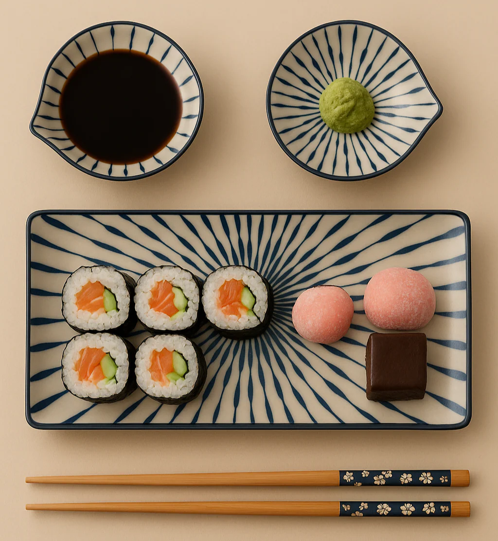 Japanese Dining Set – Ceramic Sushi Plate, 2 Dipping Bowls & 4 Chopsticks | Premium Gift Box - Image 2