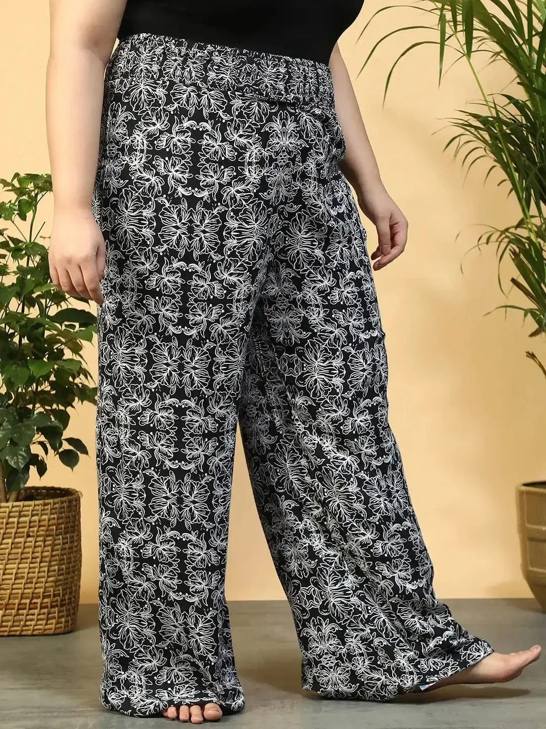 Jet Black Flared Elasticated Waist Plus Size Women Beachwear Pant - Image 4