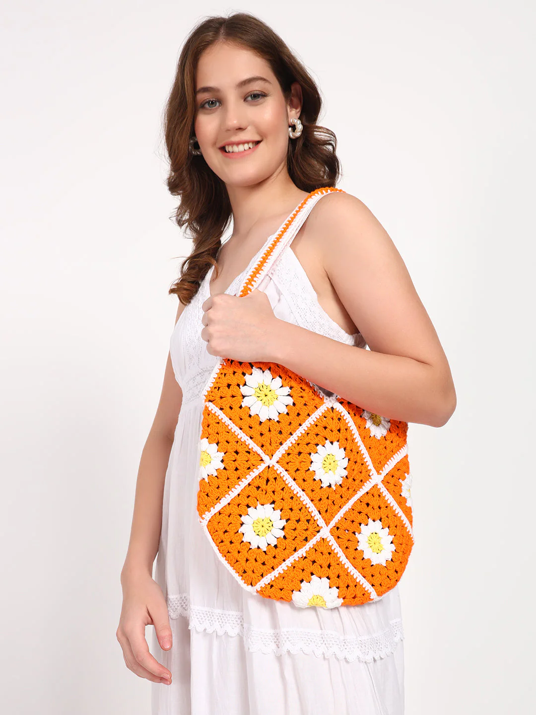 Johanna Handmade Crochet Bag - OrangeWhite - Image 3