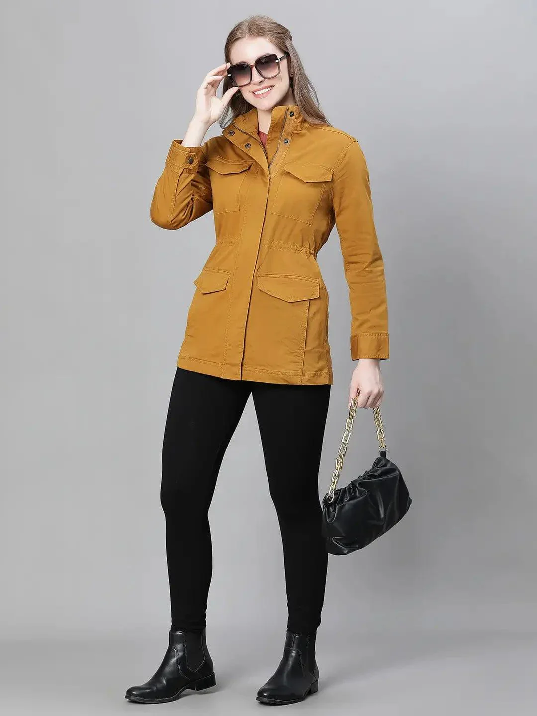 Jovial Mustard Collared Snap Buttoned Long Sleeve Winter Wear Cotton Jacket - Image 7