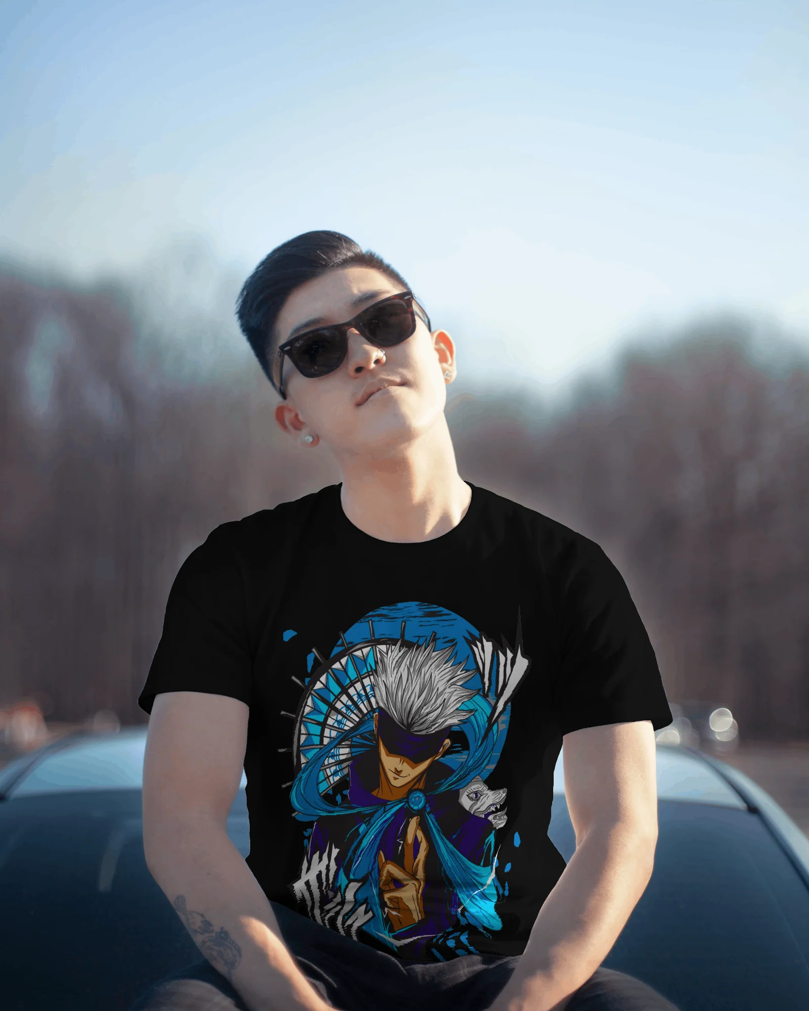 Jujutsu Kaisen Gojo Satoru Power Pose Graphic T-Shirt (Black) - Image 2