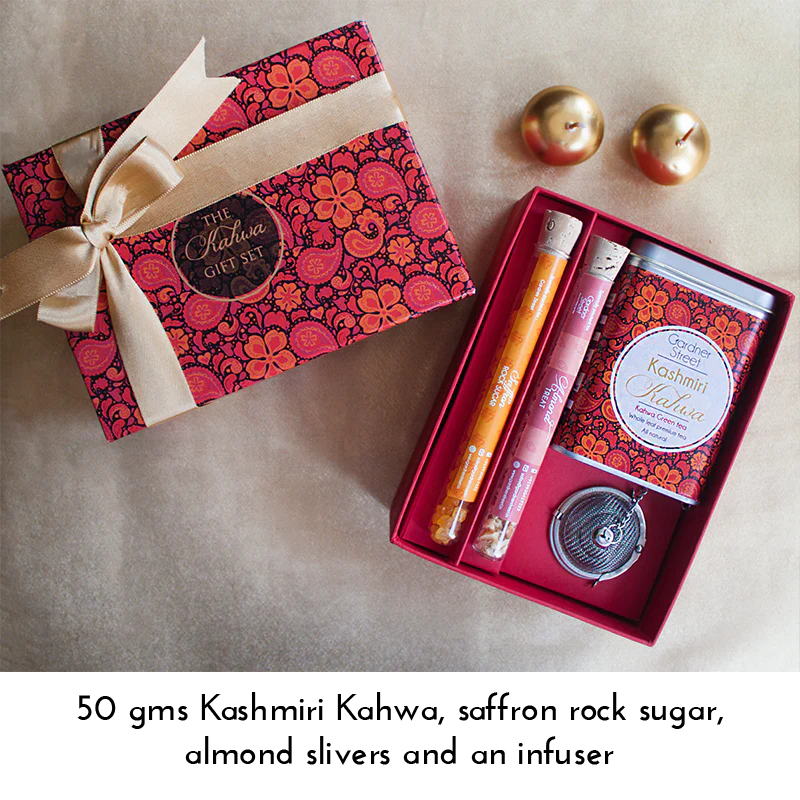Kahwa Gift Set – Kashmiri Green Tea with Almonds, Saffron Rock Sugar & Infuser