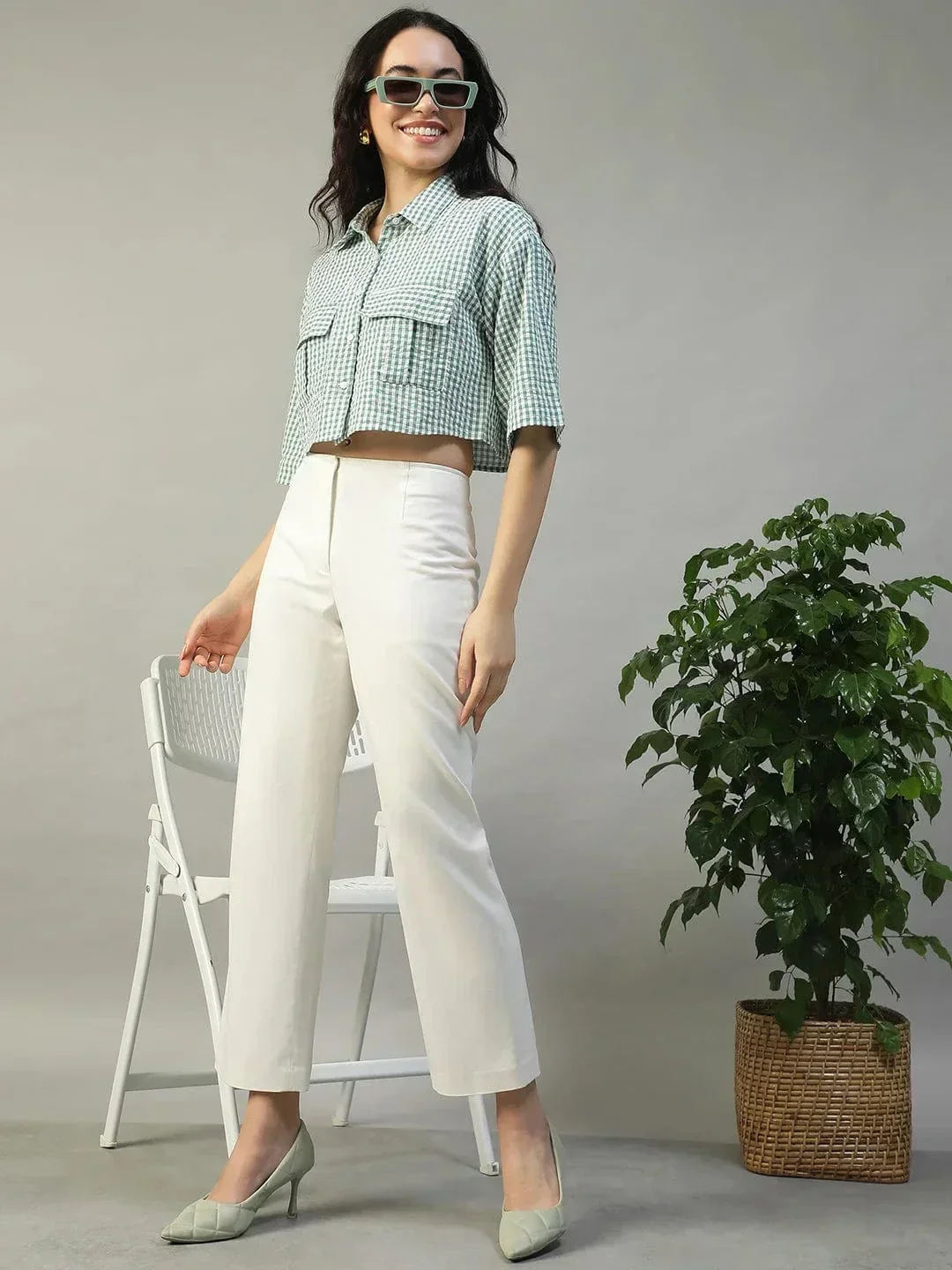 Keen Green Yarn Dyed Check Print Collared With Button Fly Short Sleeve Women Cotton Shirt - Image 7