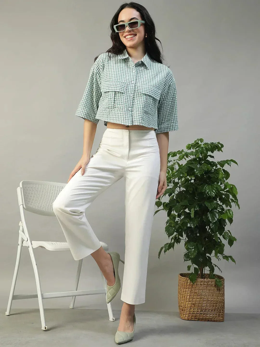 Keen Green Yarn Dyed Check Print Collared With Button Fly Short Sleeve Women Cotton Shirt - Image 8