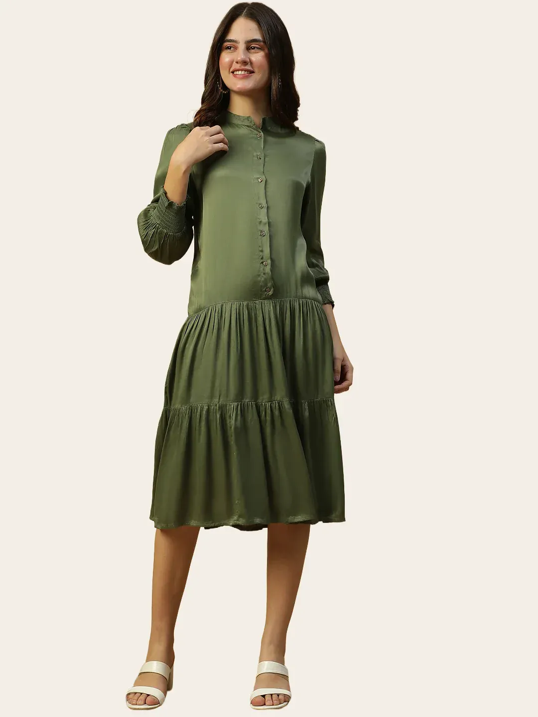 Khaki Button Down Women Dress Solid Long Sleeve Mandarin Collar Style
