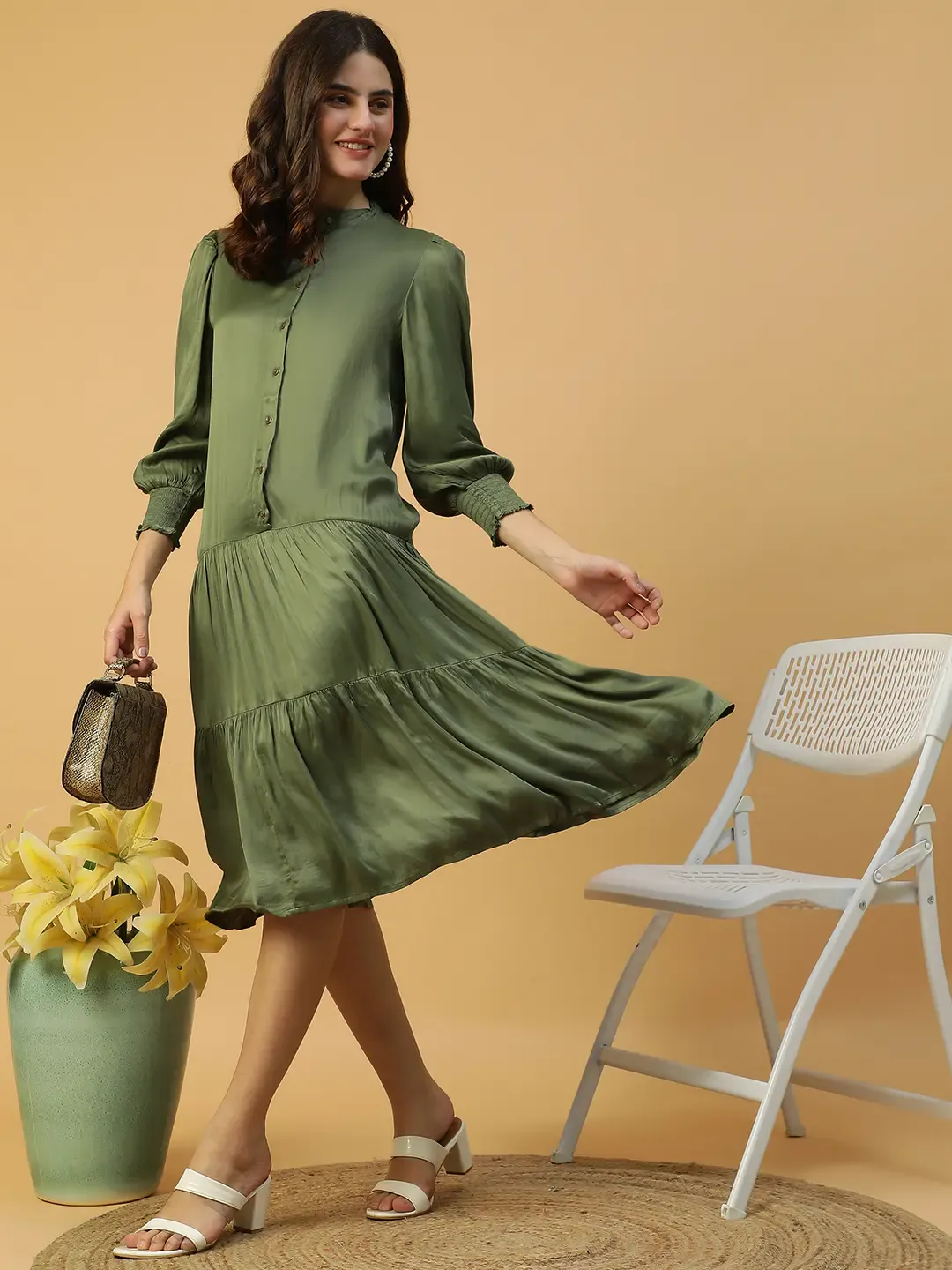 Khaki Button Down Women Dress Solid Long Sleeve Mandarin Collar Style - Image 4
