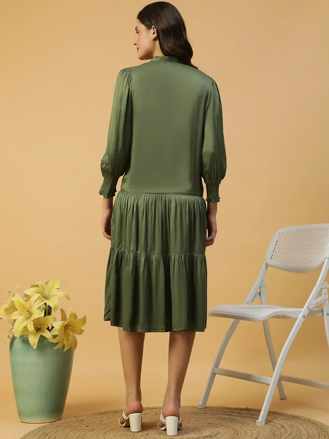 Khaki Button Down Women Dress Solid Long Sleeve Mandarin Collar Style - Image 5
