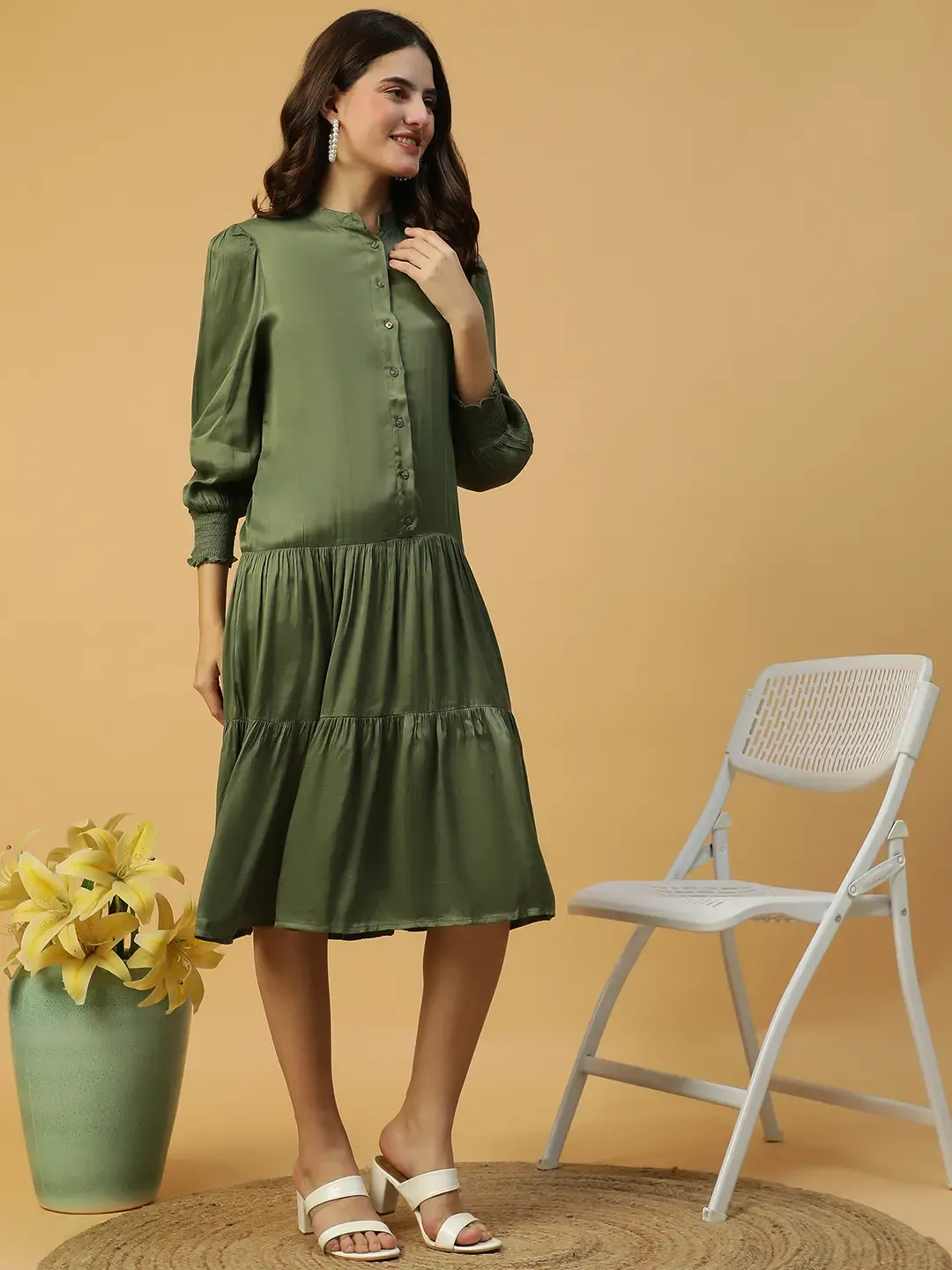 Khaki Button Down Women Dress Solid Long Sleeve Mandarin Collar Style - Image 6
