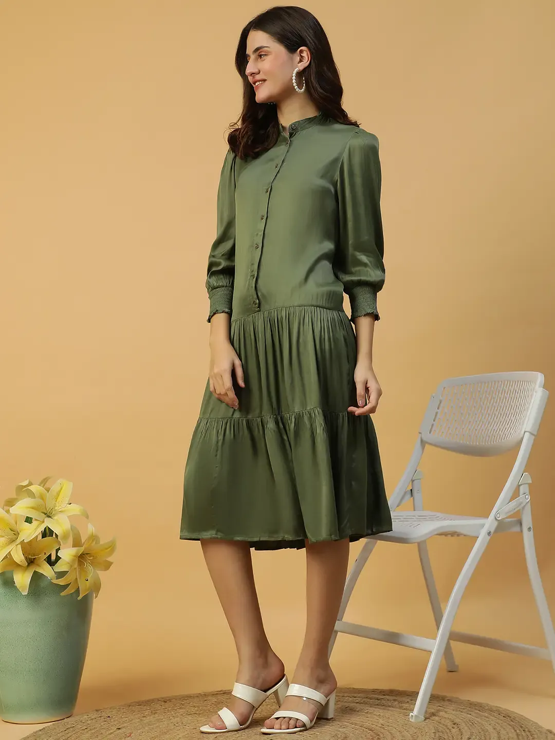 Khaki Button Down Women Dress Solid Long Sleeve Mandarin Collar Style - Image 7