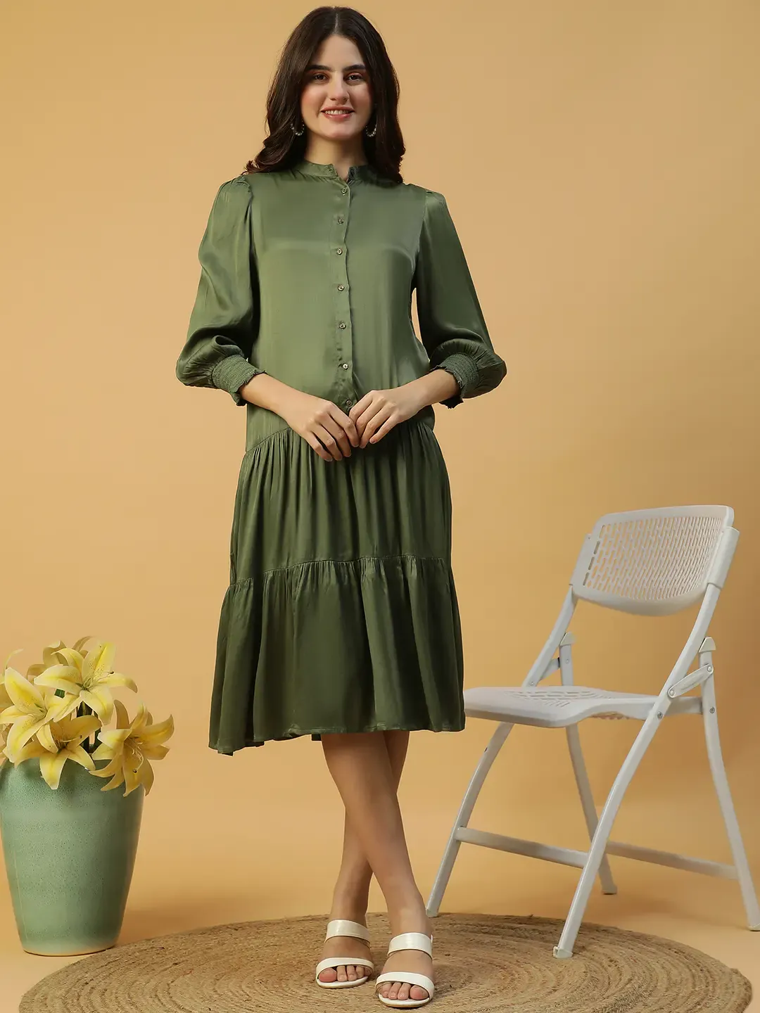 Khaki Button Down Women Dress Solid Long Sleeve Mandarin Collar Style - Image 8