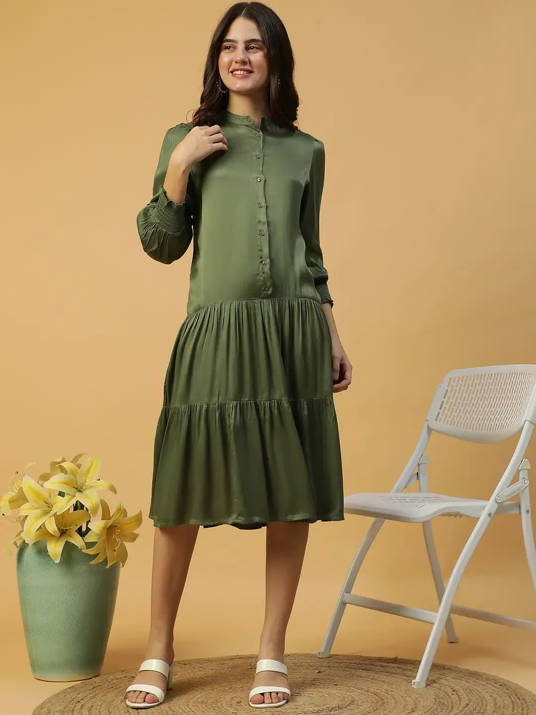 Khaki Button Down Women Dress Solid Long Sleeve Mandarin Collar Style - Image 9