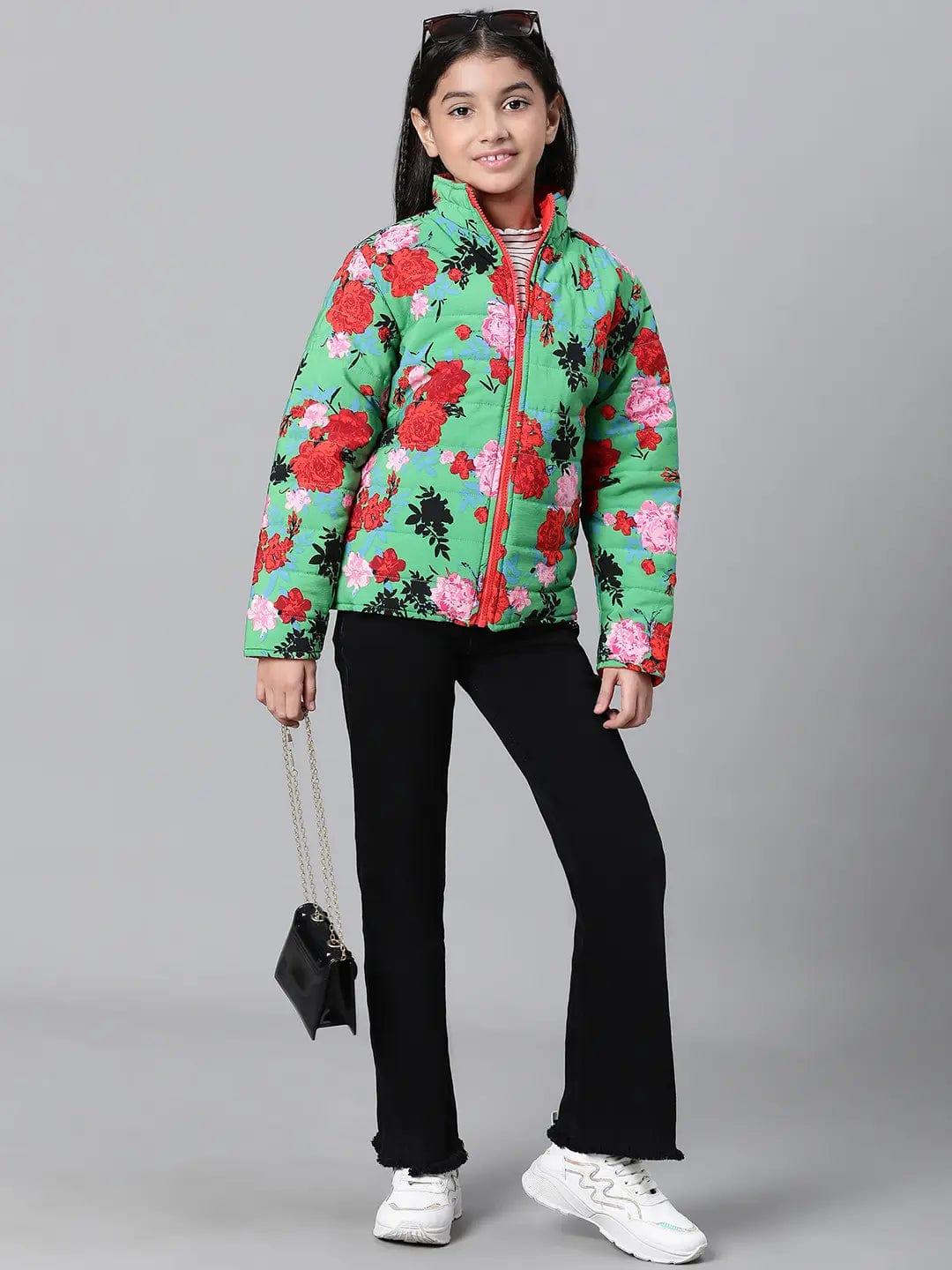 Kids Girl Floral Print Green Zip Lined Long Sleeve Reversible Quilted Jacket - Image 7