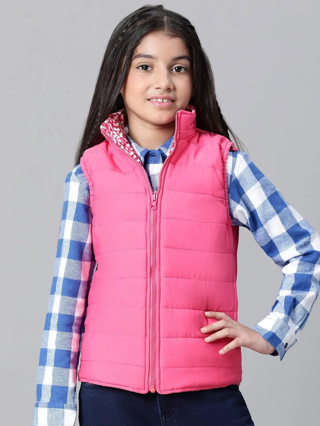 Kids Girl Floral Print Pink Zip Lined Sleeveless Reversible Quilted Jacket - Image 3