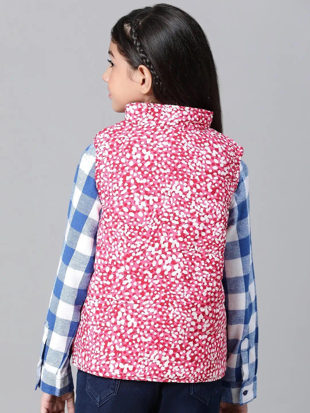 Kids Girl Floral Print Pink Zip Lined Sleeveless Reversible Quilted Jacket - Image 4