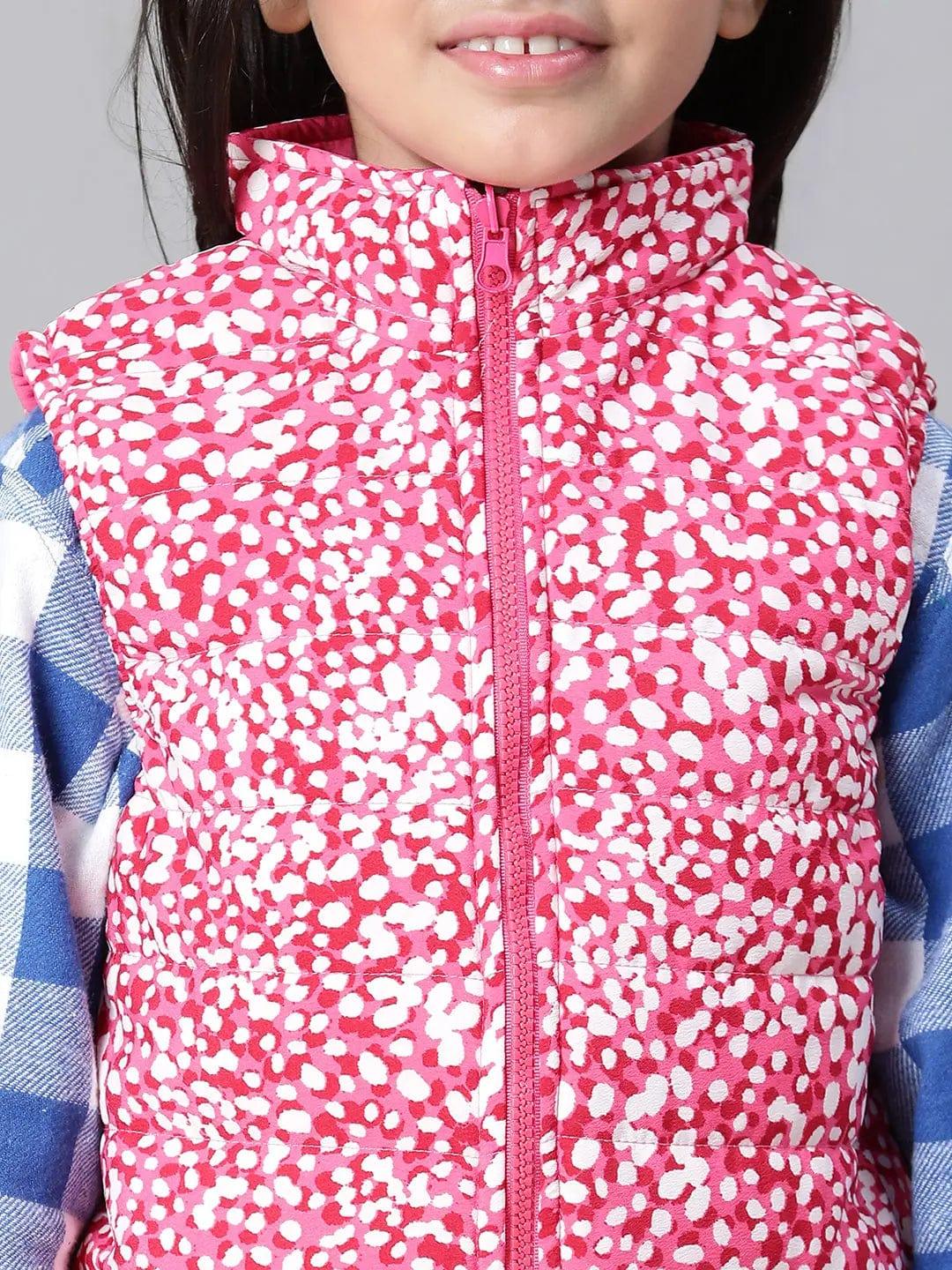 Kids Girl Floral Print Pink Zip Lined Sleeveless Reversible Quilted Jacket - Image 6
